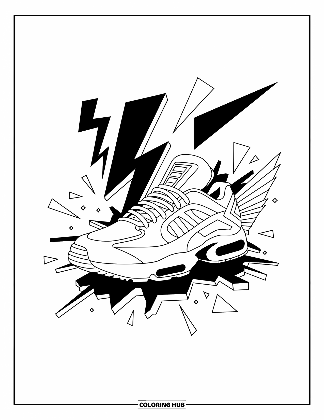 Sneaker Coloring Page for Adults: A sneaker is framed by lightning bolts, sharp shapes, and futuristic wing designs