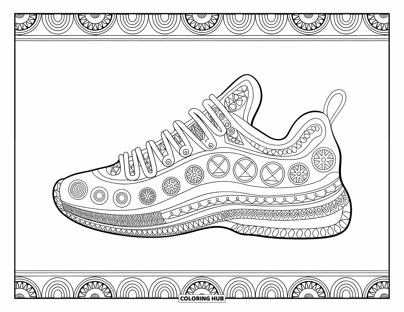 Sneaker Coloring Page for Adults: A sneaker of detailed patterns is framed by a decorative border of artistic elements