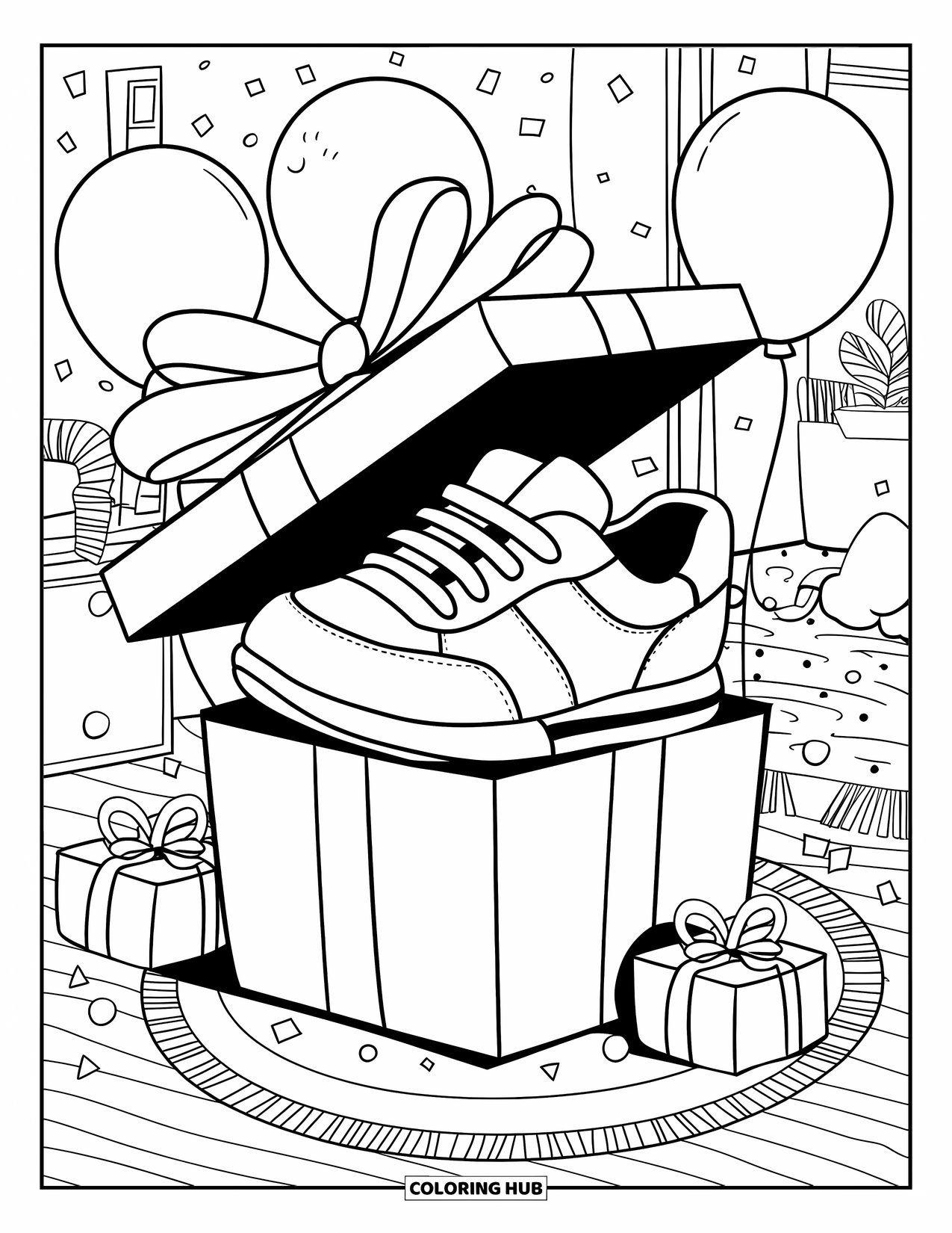 Sneaker Coloring Page for Adults: A sneaker peeks from a gift box in a cozy room filled with fun decorations