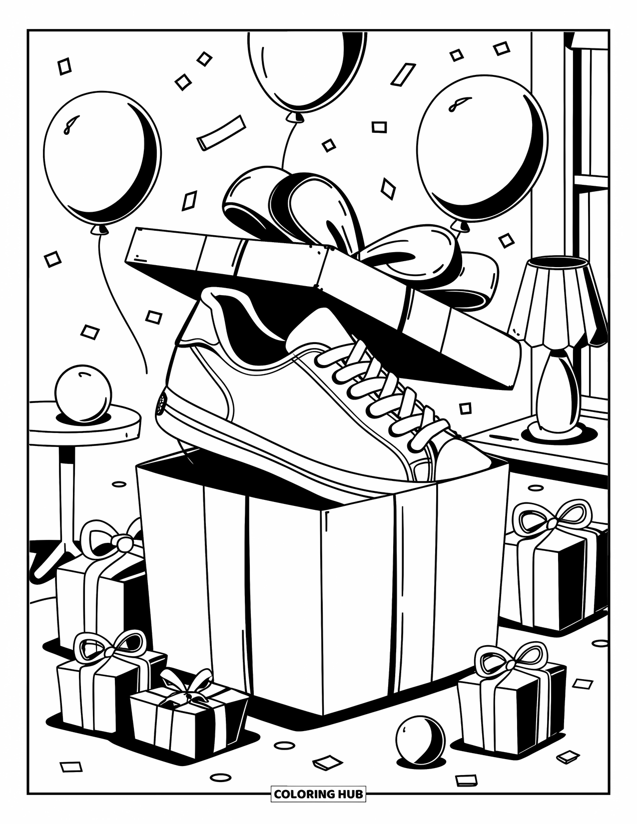 Sneaker Coloring Page for Adults: A sneaker peeks from a ribboned box with balloons and gifts in a cozy decorated room