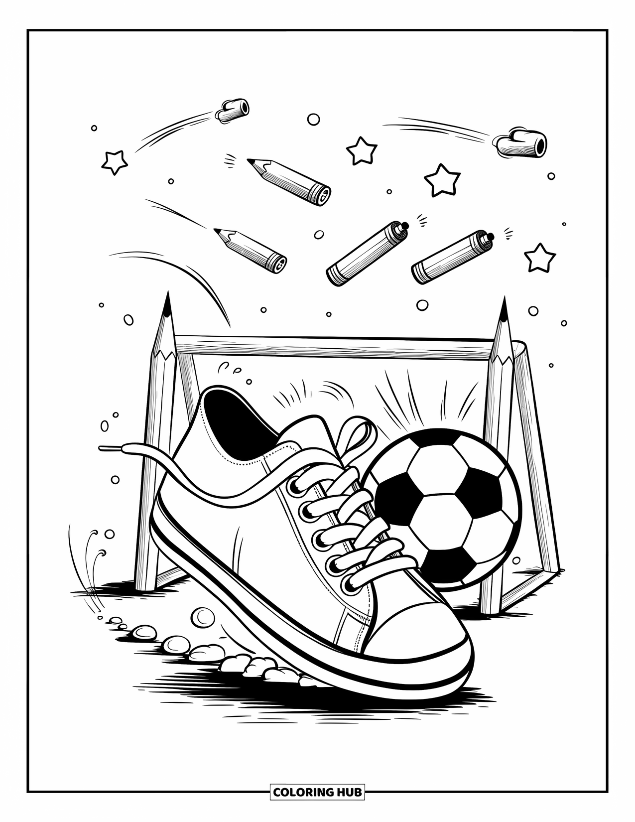 Sneaker Coloring Page for Adults: A sneaker plays soccer with a dotted ball, stars, whistles, and pencil-shaped goals