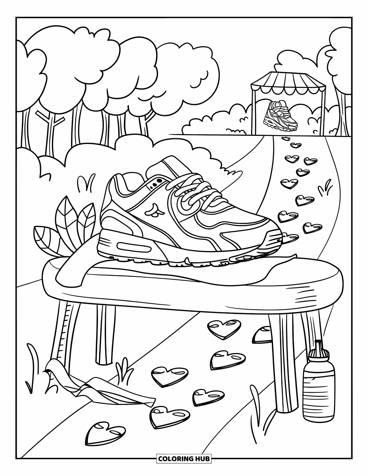 Sneaker Coloring Page for Adults: A sneaker relaxes on a bench with a towel, medal, and tiny playful items nearby