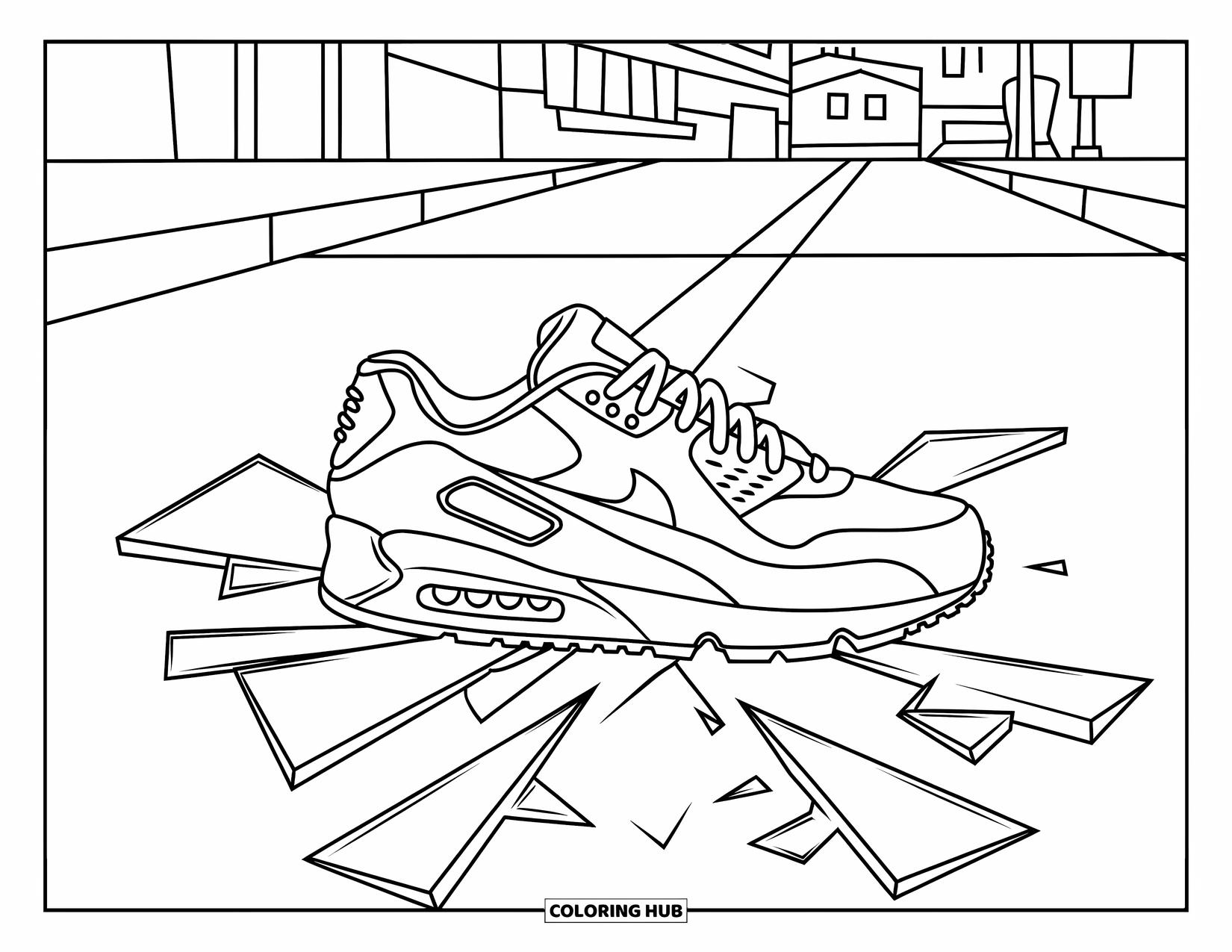 Sneaker Coloring Page for Adults: A sneaker rests on cracked pavement with arrows, glass shards, and a city backdrop