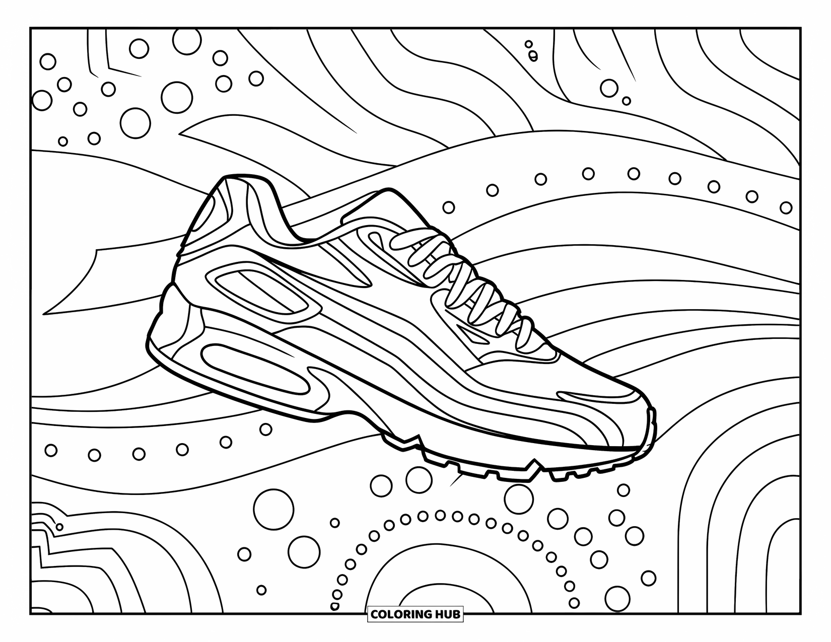 Sneaker Coloring Page for Adults: A sneaker rests on waves and arches, viewed from a cool angled perspective