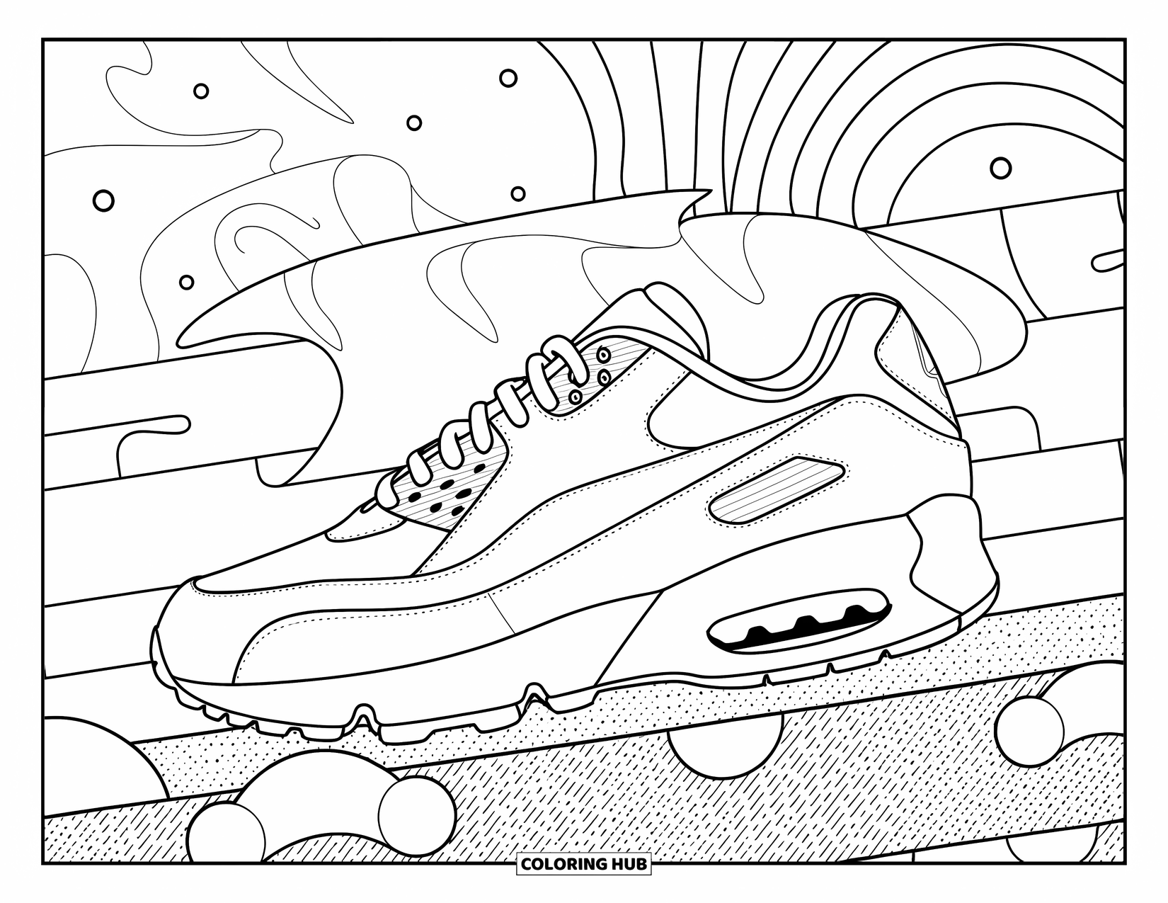 Sneaker Coloring Page for Adults: A sneaker shown from an angle sits on a textured base with dots and flowing shapes