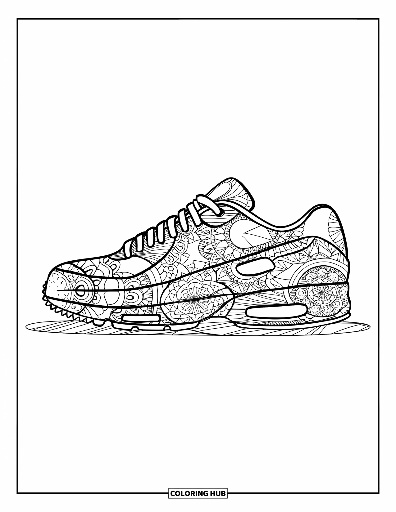 Sneaker Coloring Page for Adults: A sneaker silhouette is filled with detailed mandala designs on a textured surface