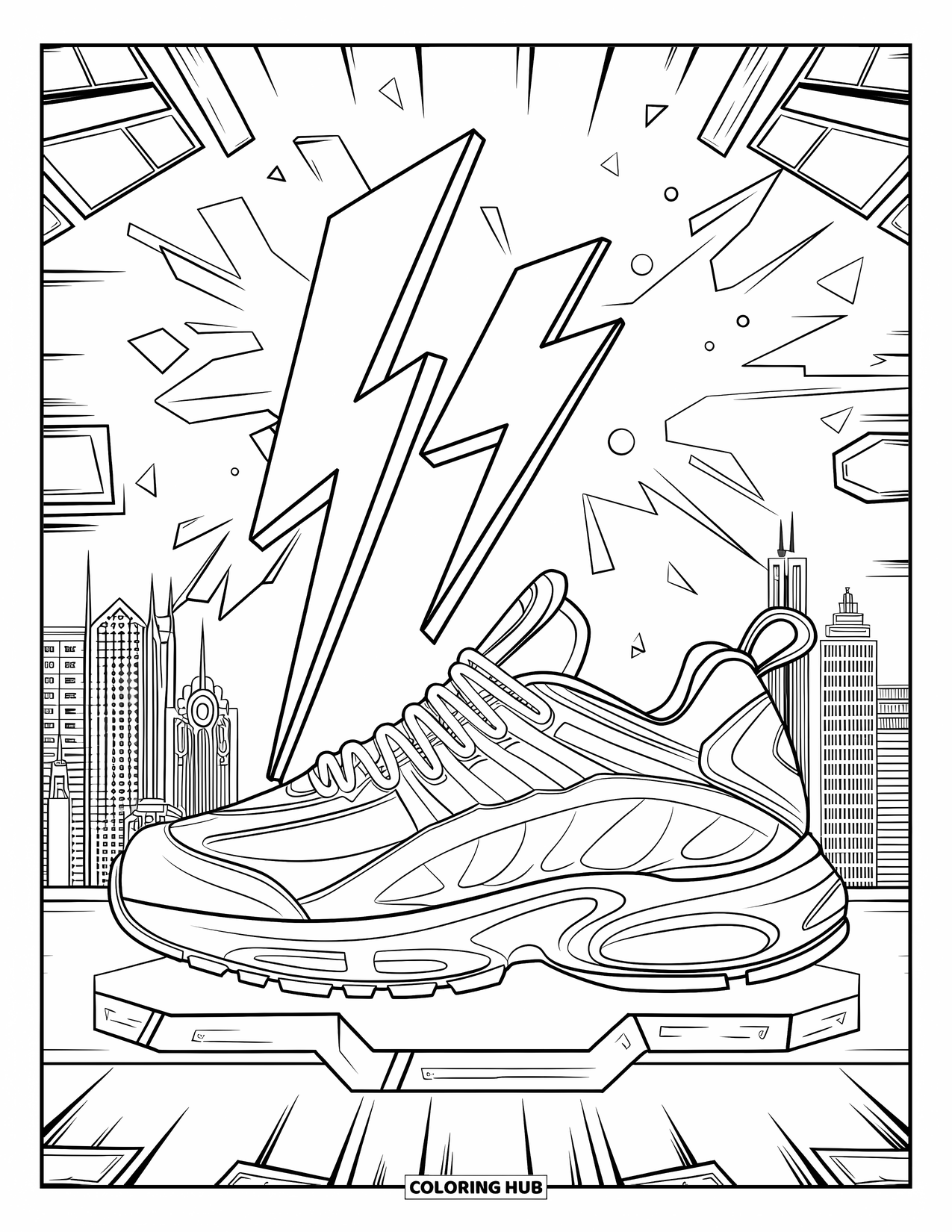 Sneaker Coloring Page for Adults: A sneaker stands on a platform surrounded by lightning, splashes, and a cityscape