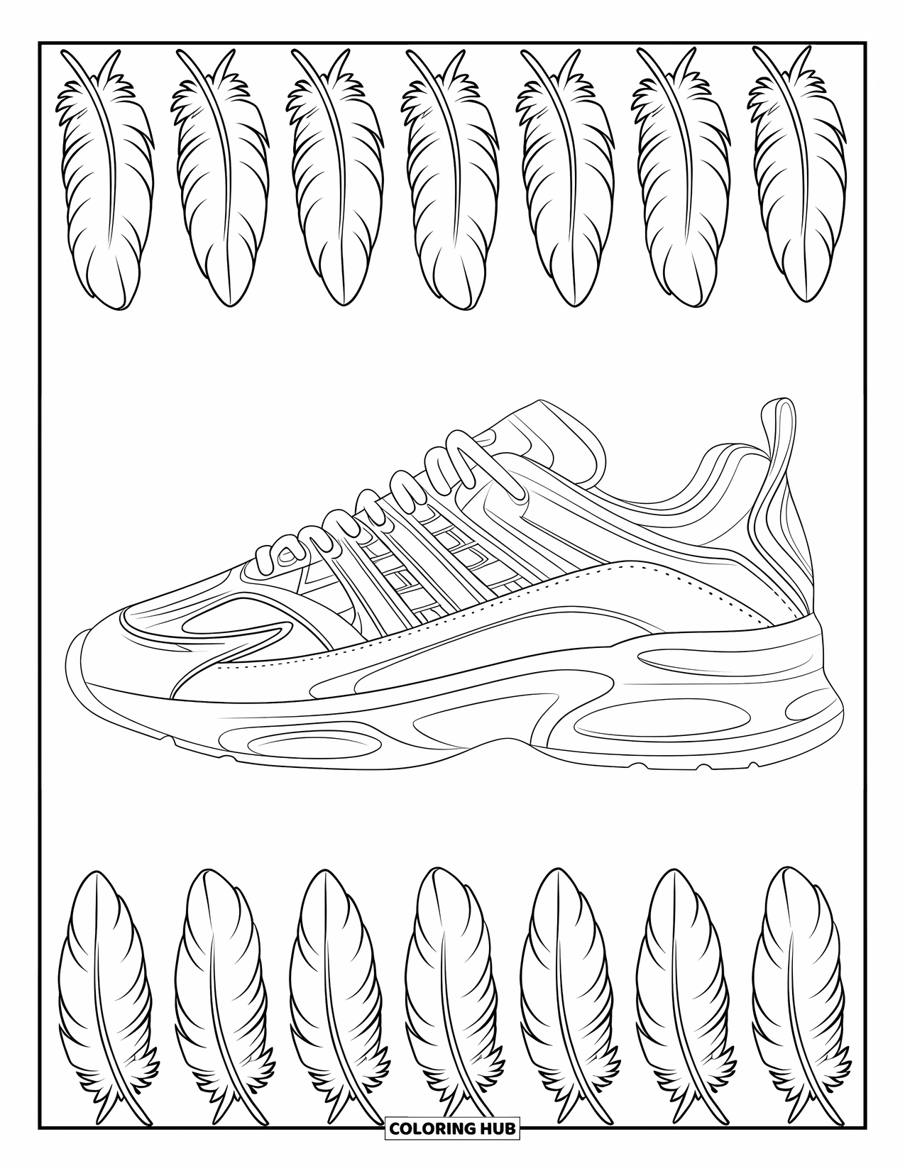 Sneaker Coloring Page for Adults: A sneaker with mesh panels and stitching is framed by soft floating feathers