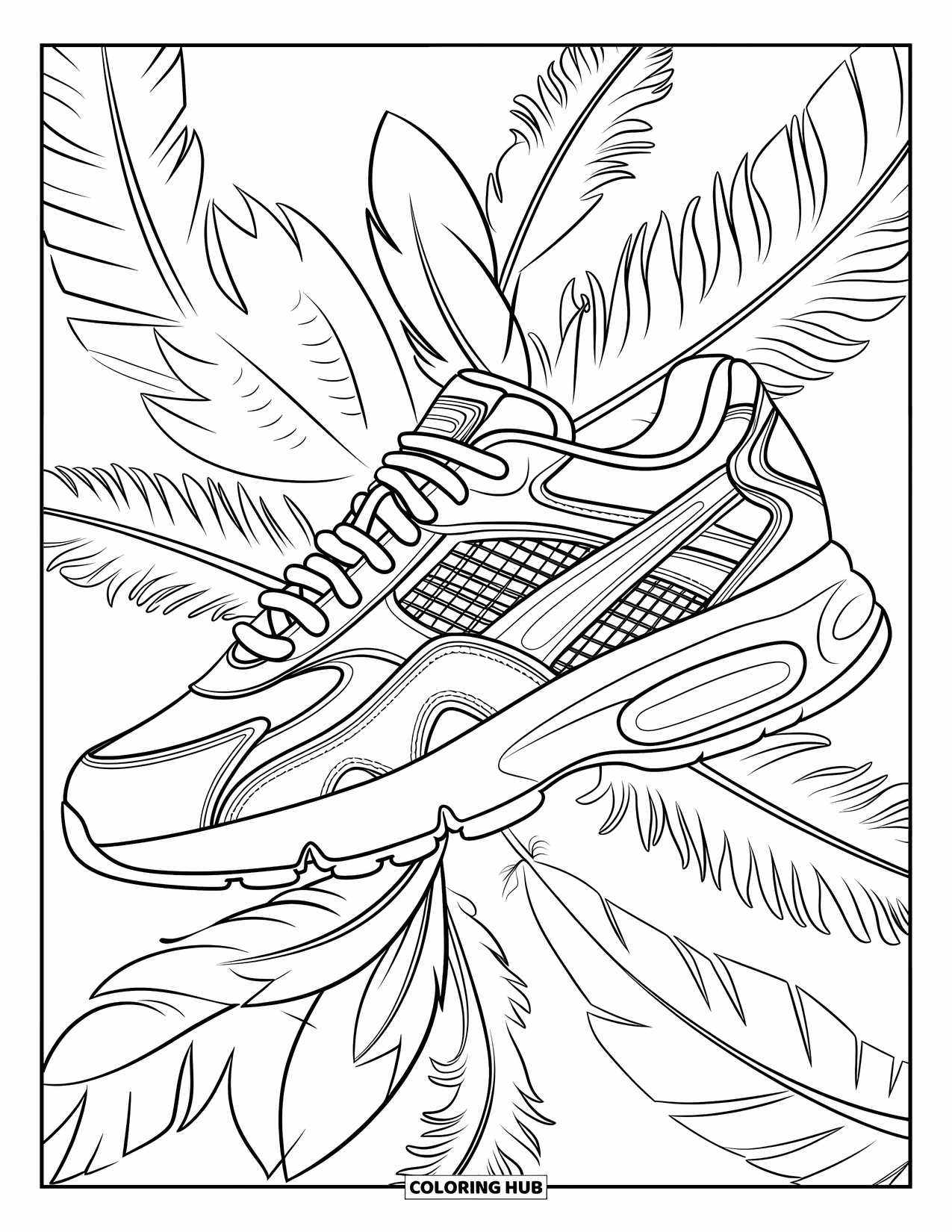 Sneaker Coloring Page for Adults: A stylish sneaker with stitching and feather accents is surrounded by artistic details
