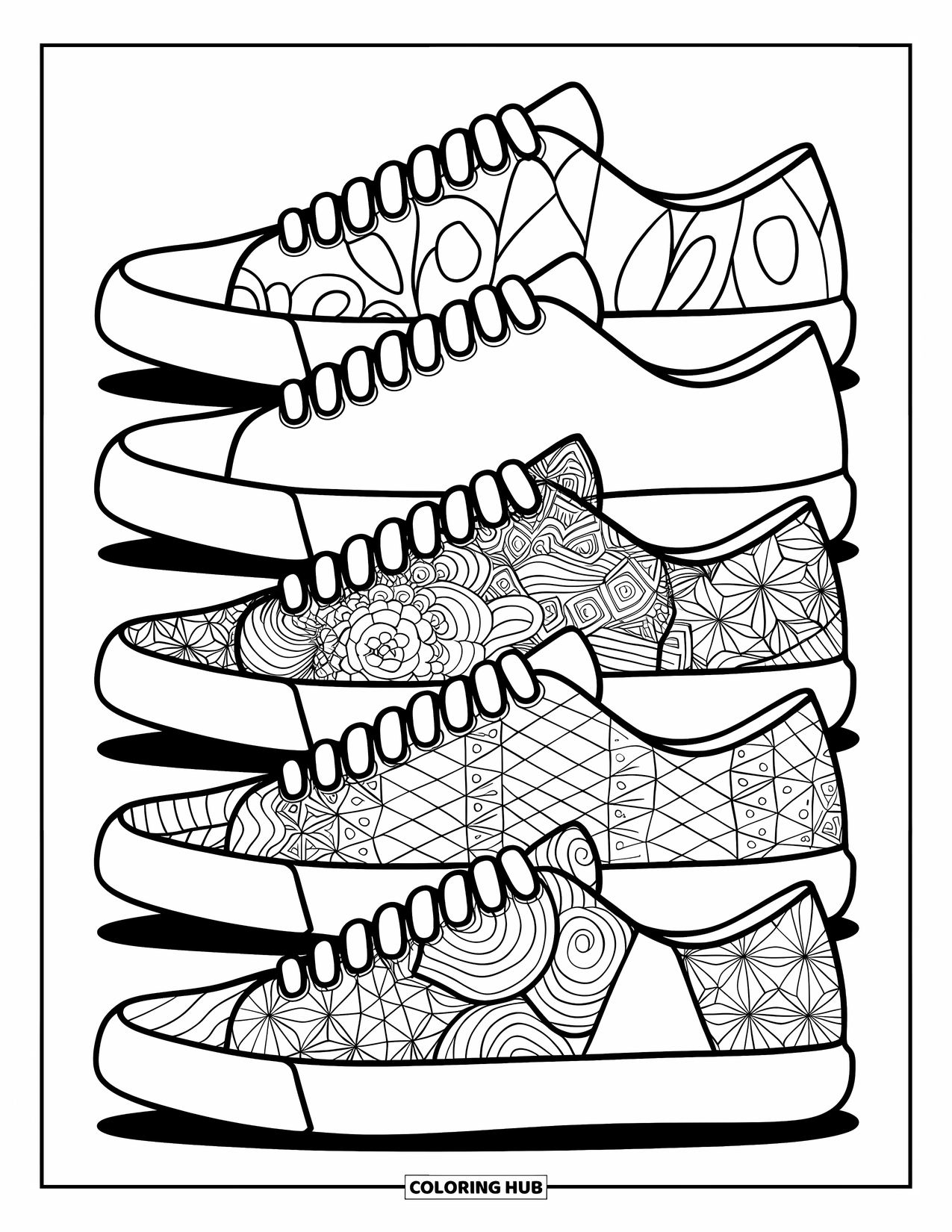 Sneaker Coloring Page for Adults: Sneakers filled with fun shapes like flowers, diamonds, and triangles stand in a row