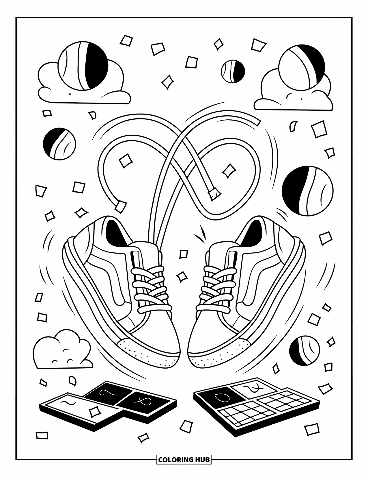 Sneaker Coloring Page for Adults: Sneakers leap mid-jump rope with laces looping and joyful elements all around