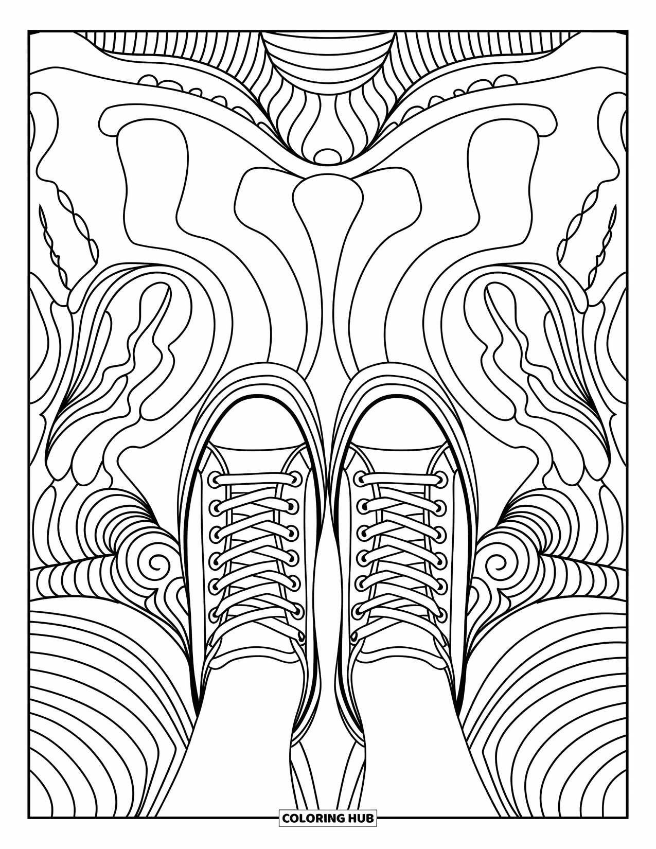 Sneaker Coloring Page for Adults: Sneakers meet at the toes, surrounded by flowing swirls and abstract patterns