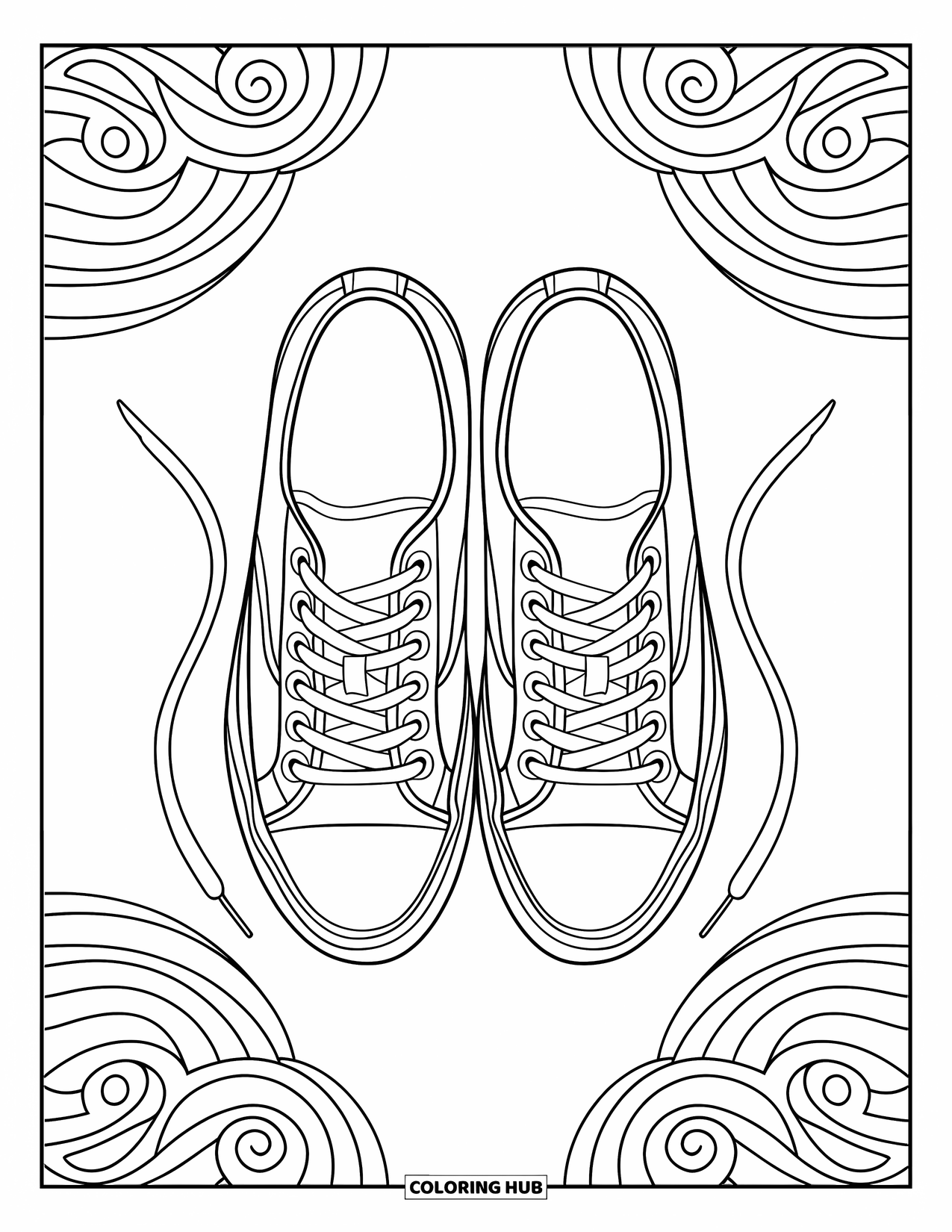 Sneaker Coloring Page for Adults: Two sneakers sit toe-to-toe with swirling, balanced patterns all around
