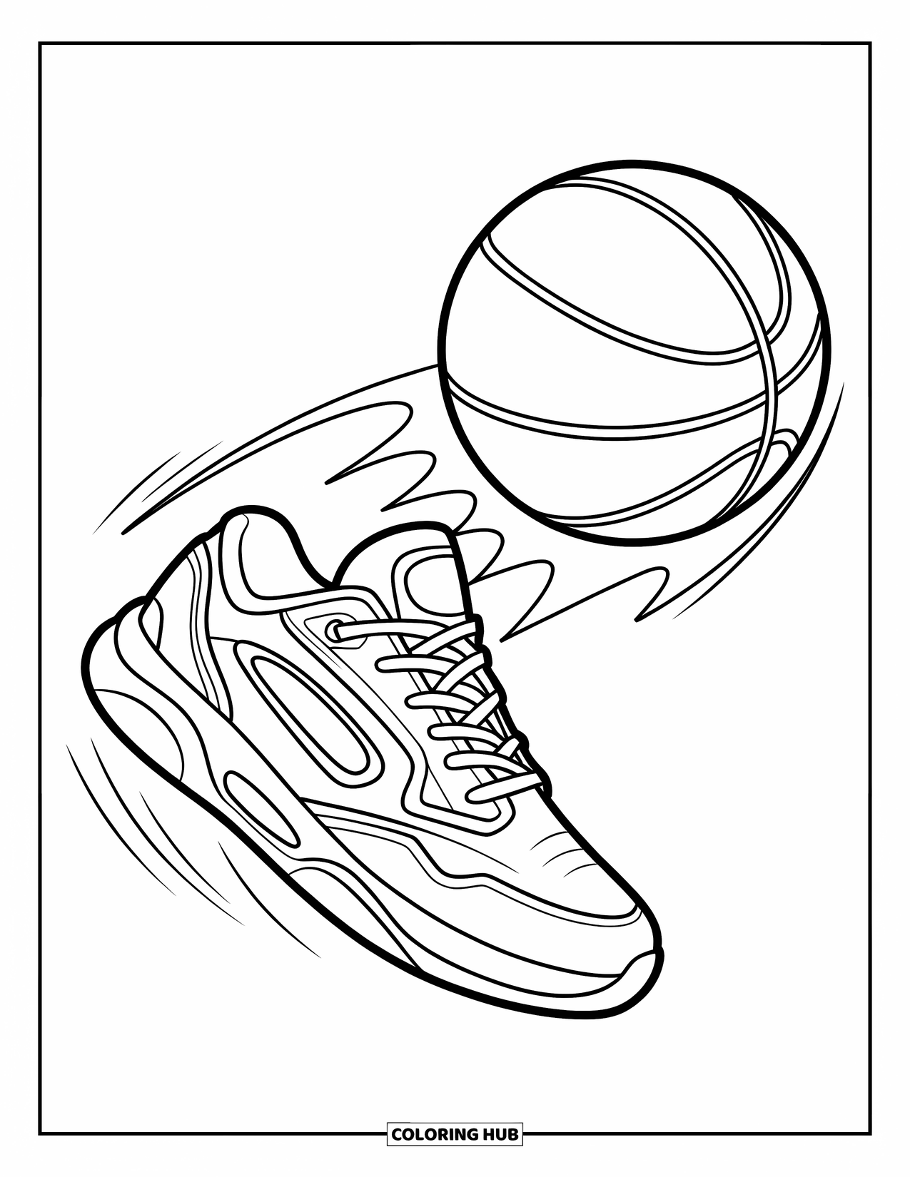 Sneaker Coloring Page for Kids: A bouncing basketball flies past a low-top sneaker with tread and side details