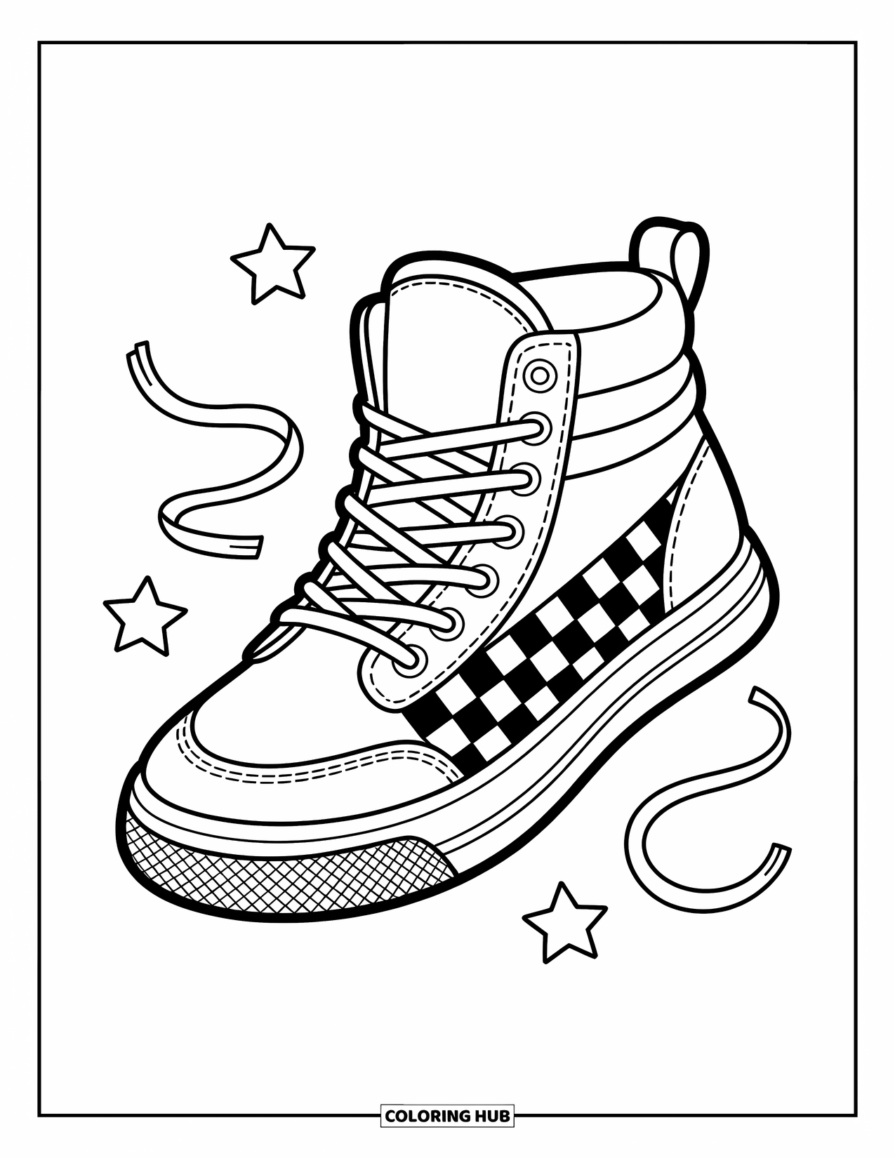Sneaker Coloring Page for Kids: A checkerboard sneaker sits among stars and ribbons with cool stitching details