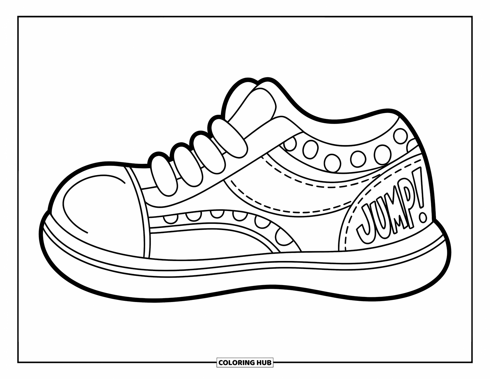 Sneaker Coloring Page for Kids: A chunky sneaker with a big toe and "Jump!" on the heel adds charm