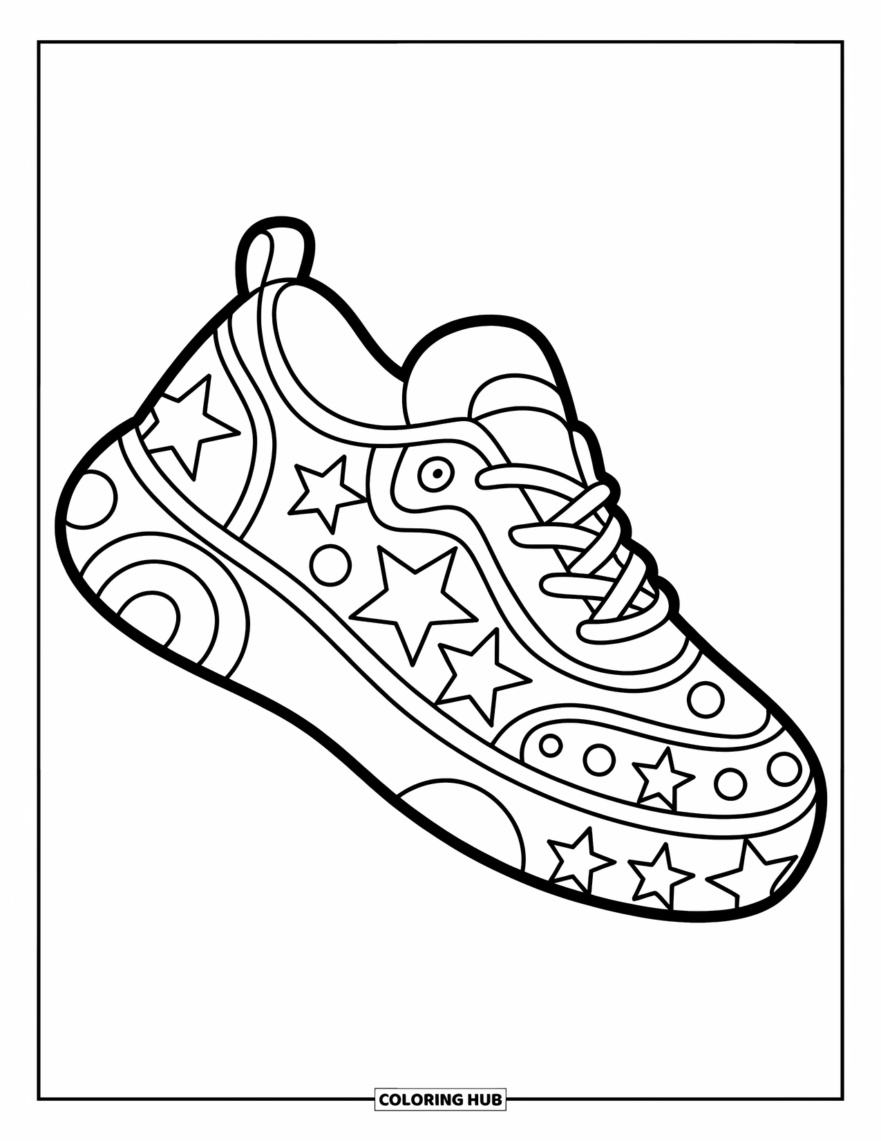 Sneaker Coloring Page for Kids: A chunky sneaker with stars and circles scattered across the sides and heel