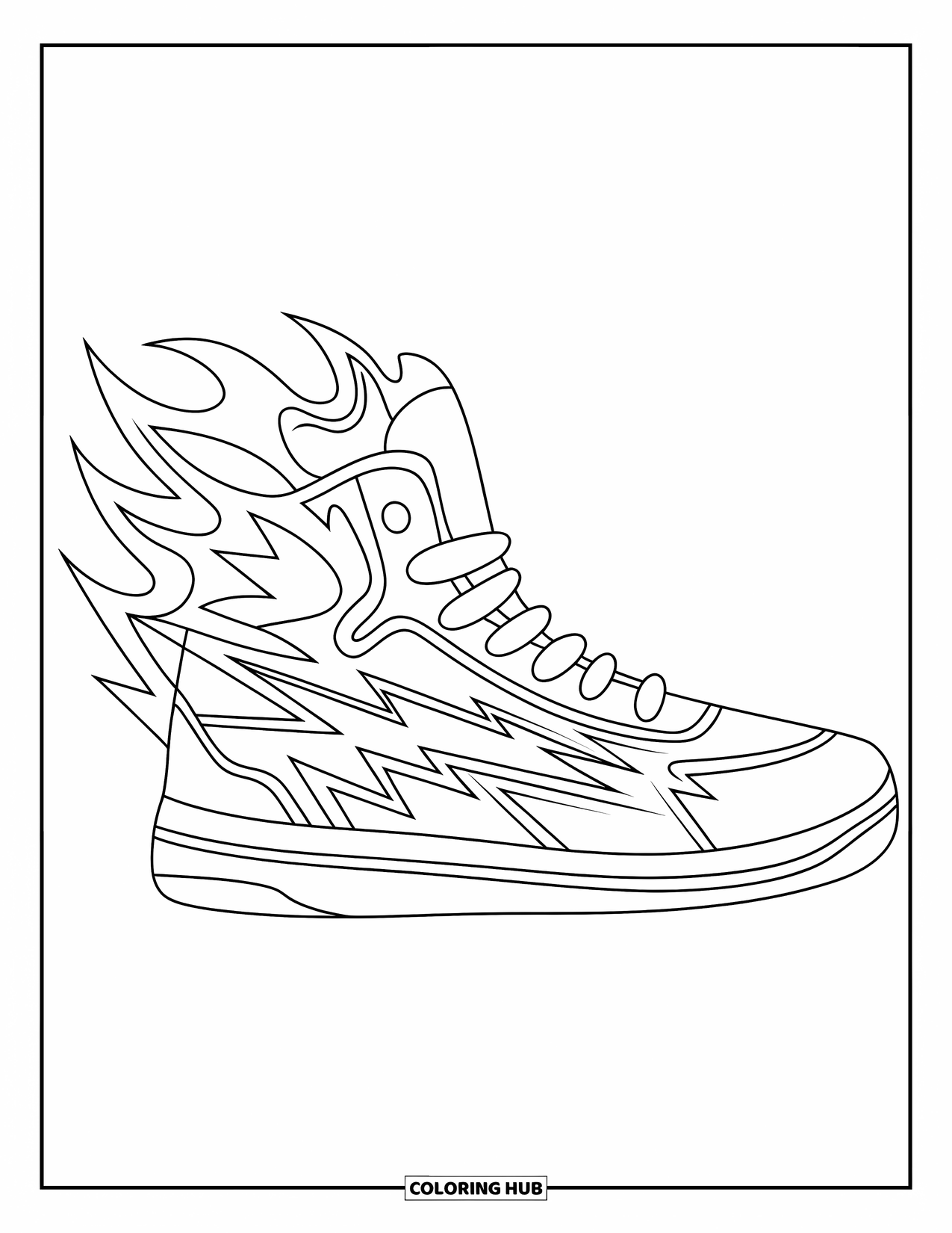 Sneaker Coloring Page for Kids: A fiery sneaker with bold overlays and cool geometric accents brings serious edge