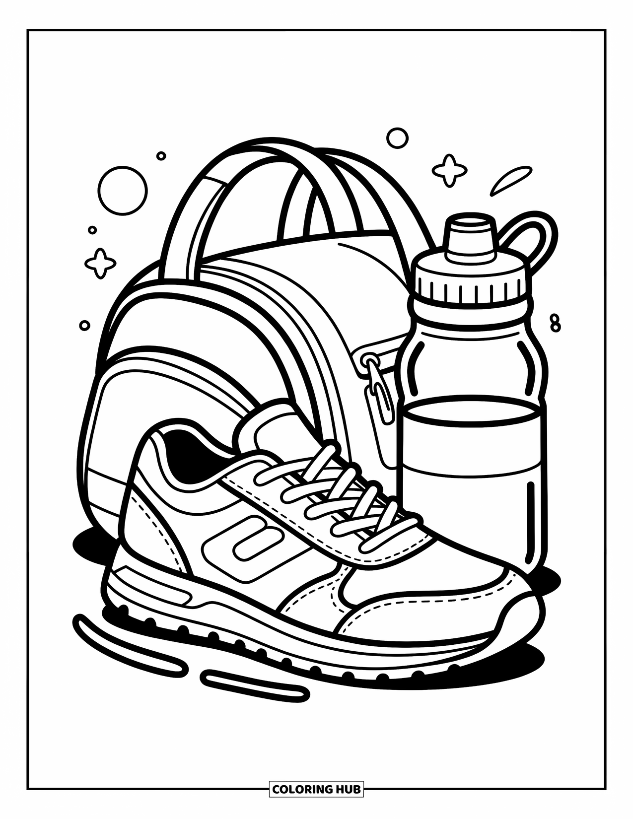 Sneaker Coloring Page for Kids: A fun setup with sneaker, bottle, and bag surrounded by stars and shapes