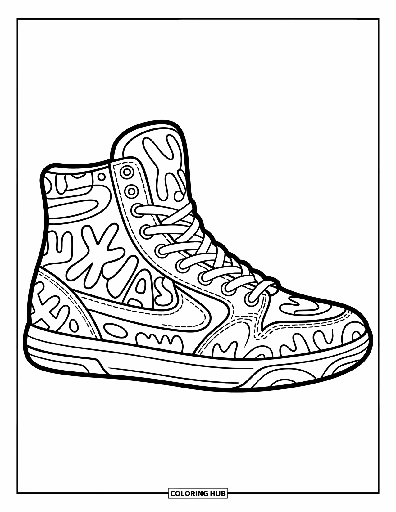 Sneaker Coloring Page for Kids: A graffiti-style sneaker filled with shapes, lines, and playful lettering steals the spotlight