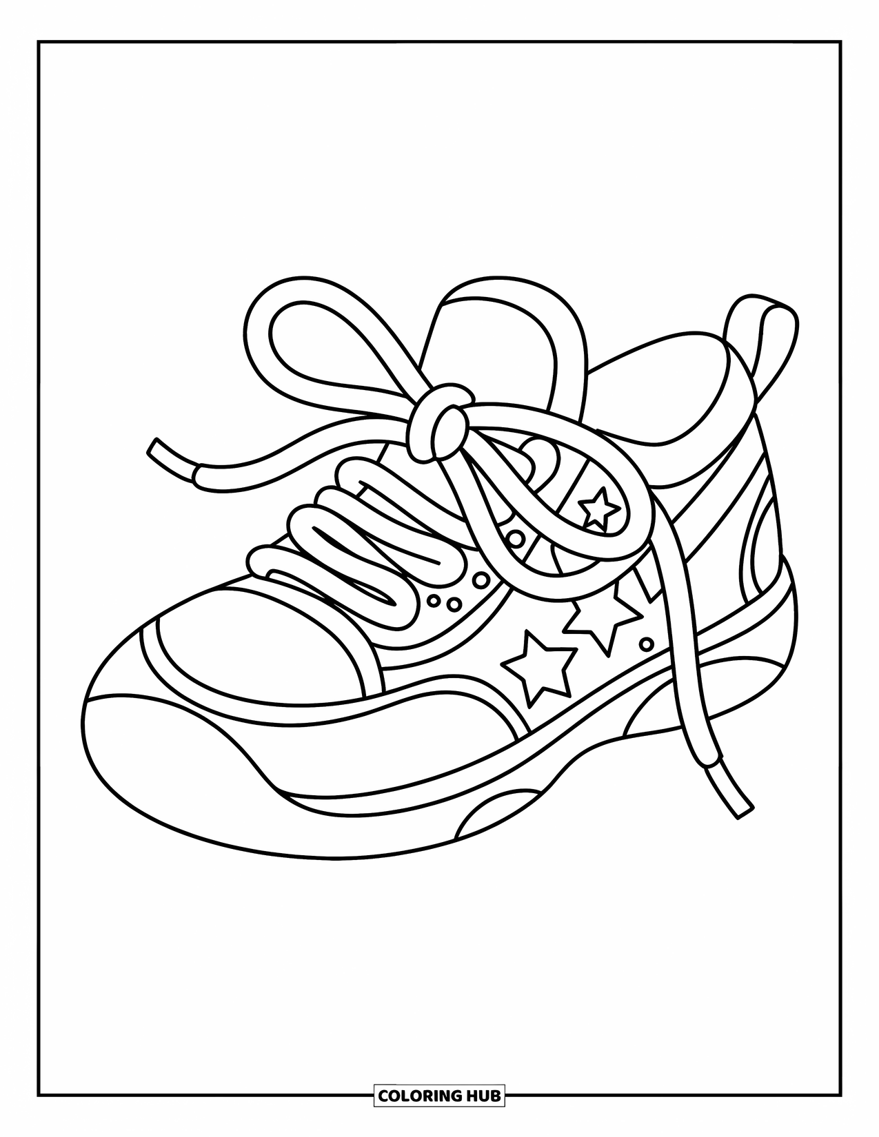 Sneaker Coloring Page for Kids: A happy sneaker with dots and stars shows off a "Kick It!" banner on the side