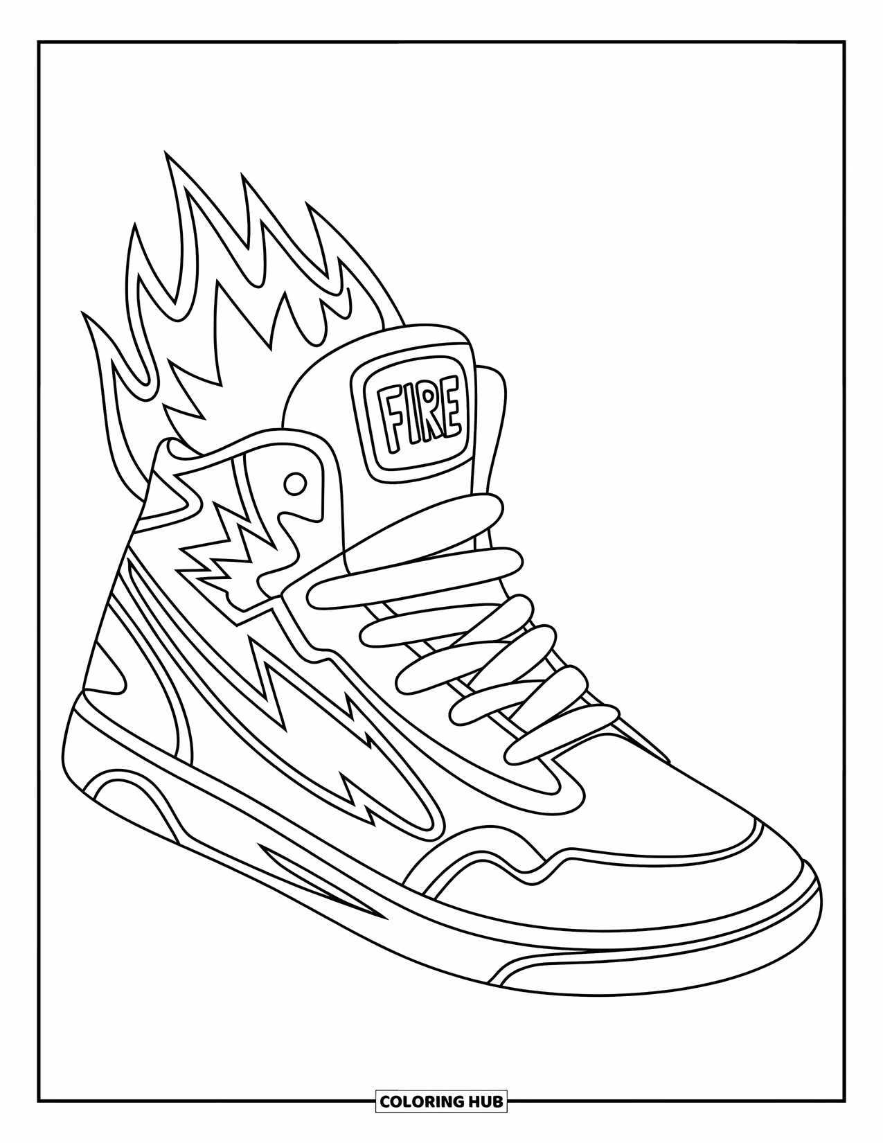 Sneaker Coloring Page for Kids: A high-top sneaker blazes with flames, lightning bolts, and a bold "FIRE" badge
