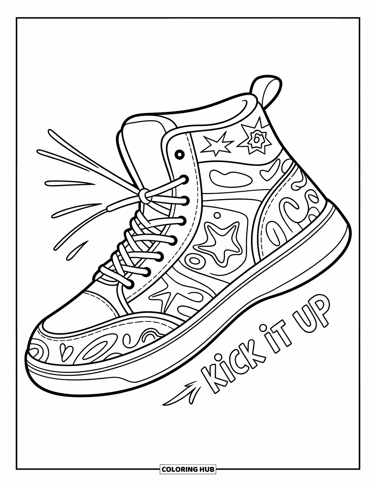 Sneaker Coloring Page for Kids: A high-top sneaker bursts with stars, swirls, and "Kick It Up" on the side