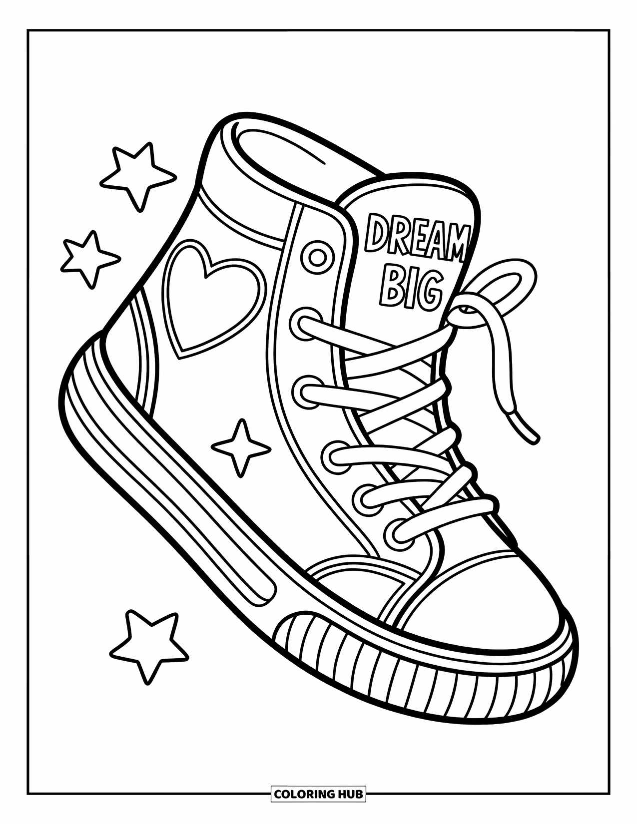 Sneaker Coloring Page for Kids: A high-top sneaker with a heart and cloud soles features untied laces and star accents