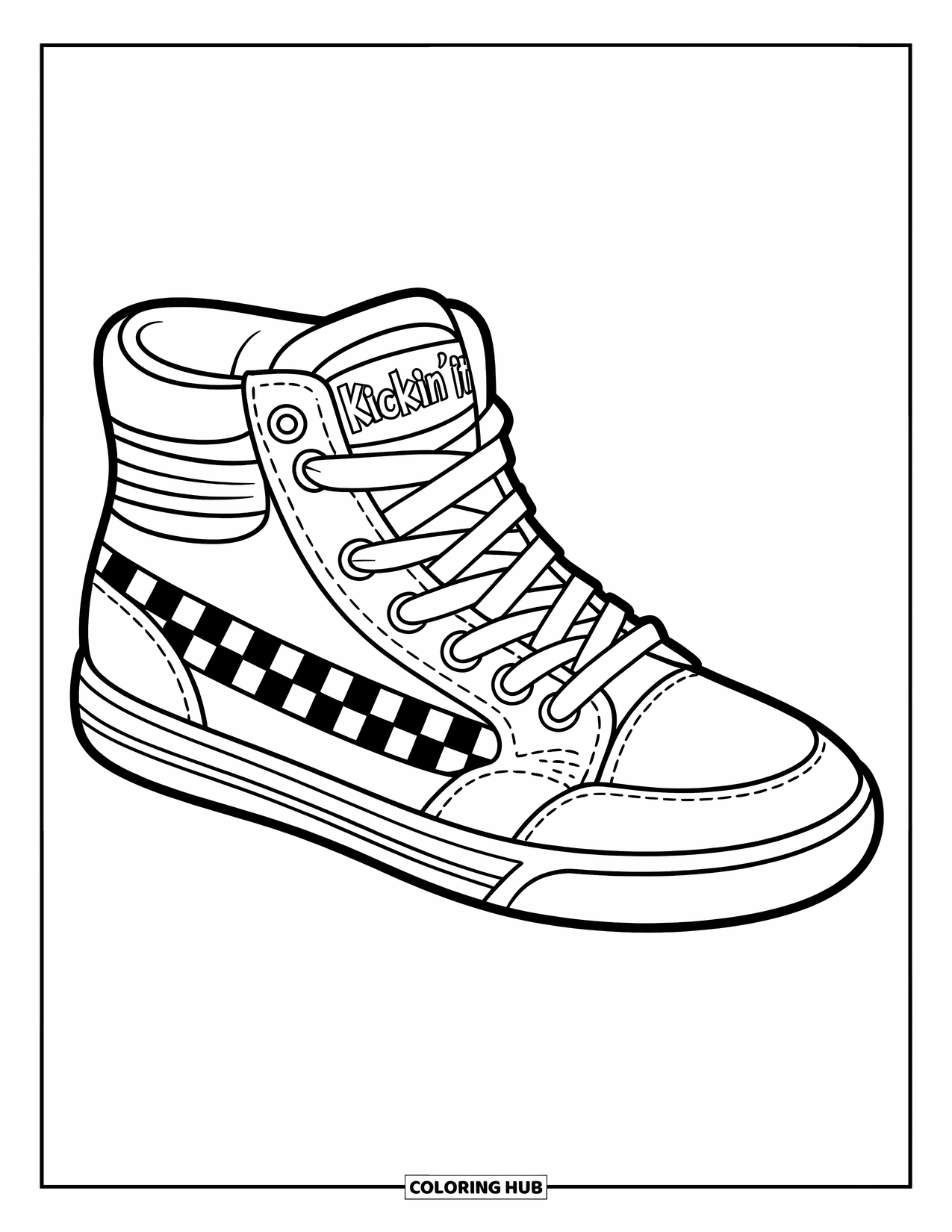 Sneaker Coloring Page for Kids: A high-top sneaker with checkerboard sides and "Kickin' It" on the tongue pops with fun