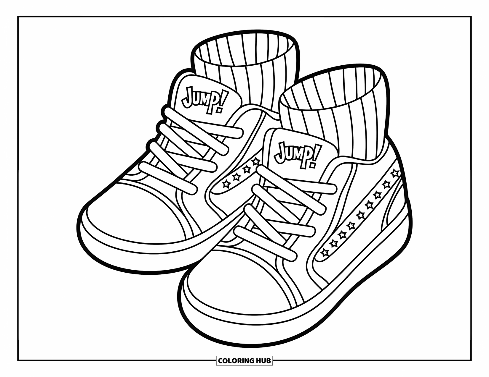Sneaker Coloring Page for Kids: A pair of sneakers shows off star details and a "Jump!" graphic on the heels