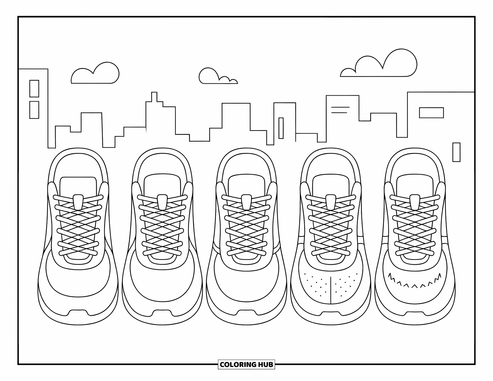 Sneaker Coloring Page for Kids: A row of sneakers with swirls, florals, and a city fading into the background