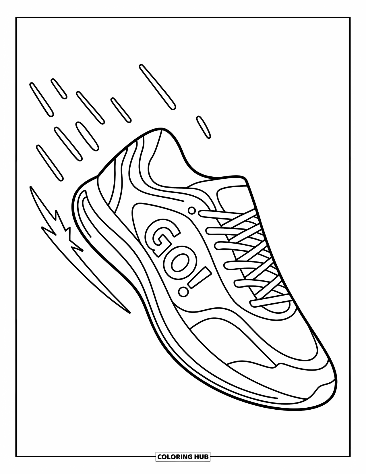 Sneaker Coloring Page for Kids: A running sneaker soars mid-air with dashed speed lines and a starburst near the heel
