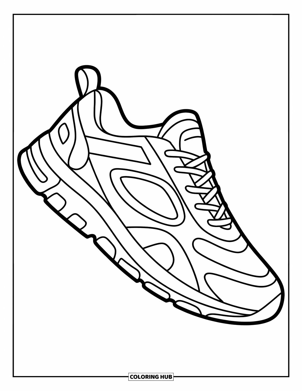 Sneaker Coloring Page for Kids: A sleek sneaker in motion shows off mesh panels and bold treads