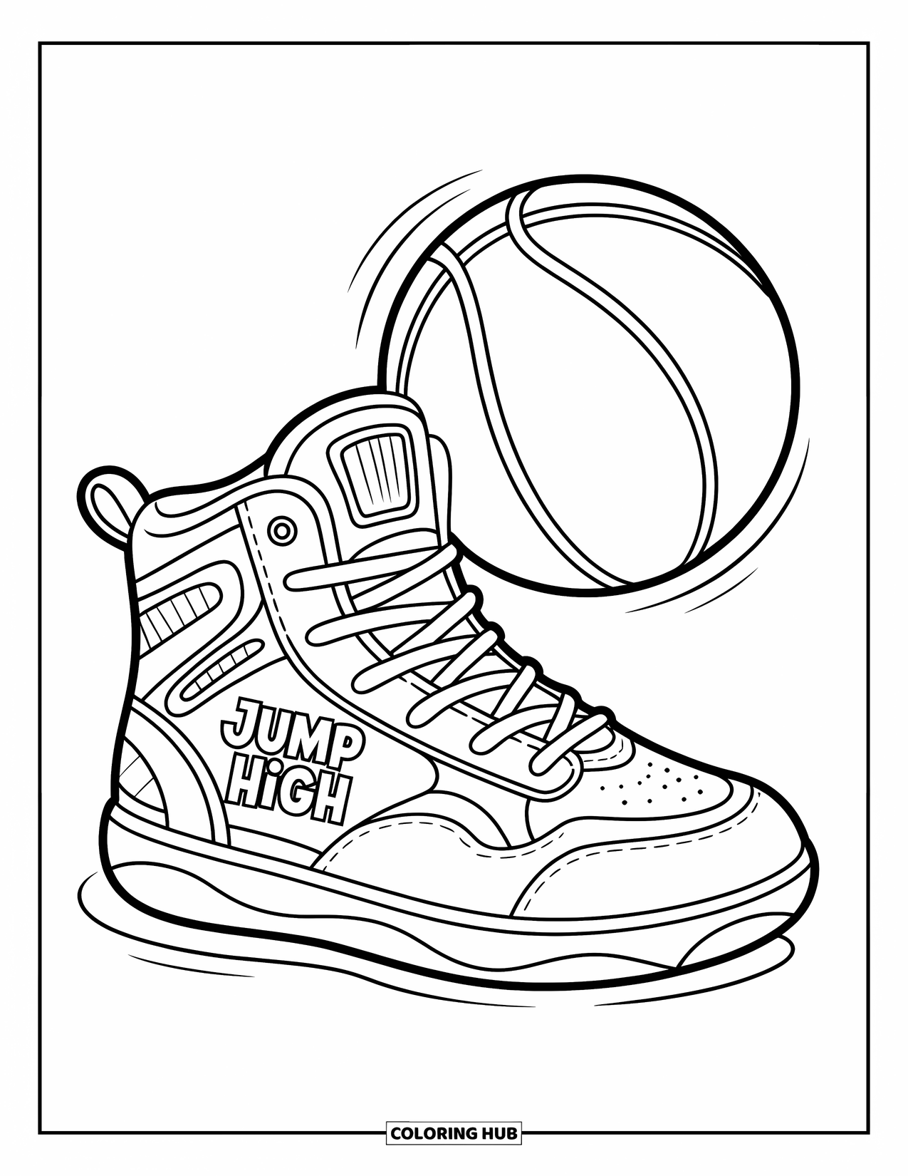 Sneaker Coloring Page for Kids: A sneaker and basketball bounce side-by-side with "Jump High" glowing on the side