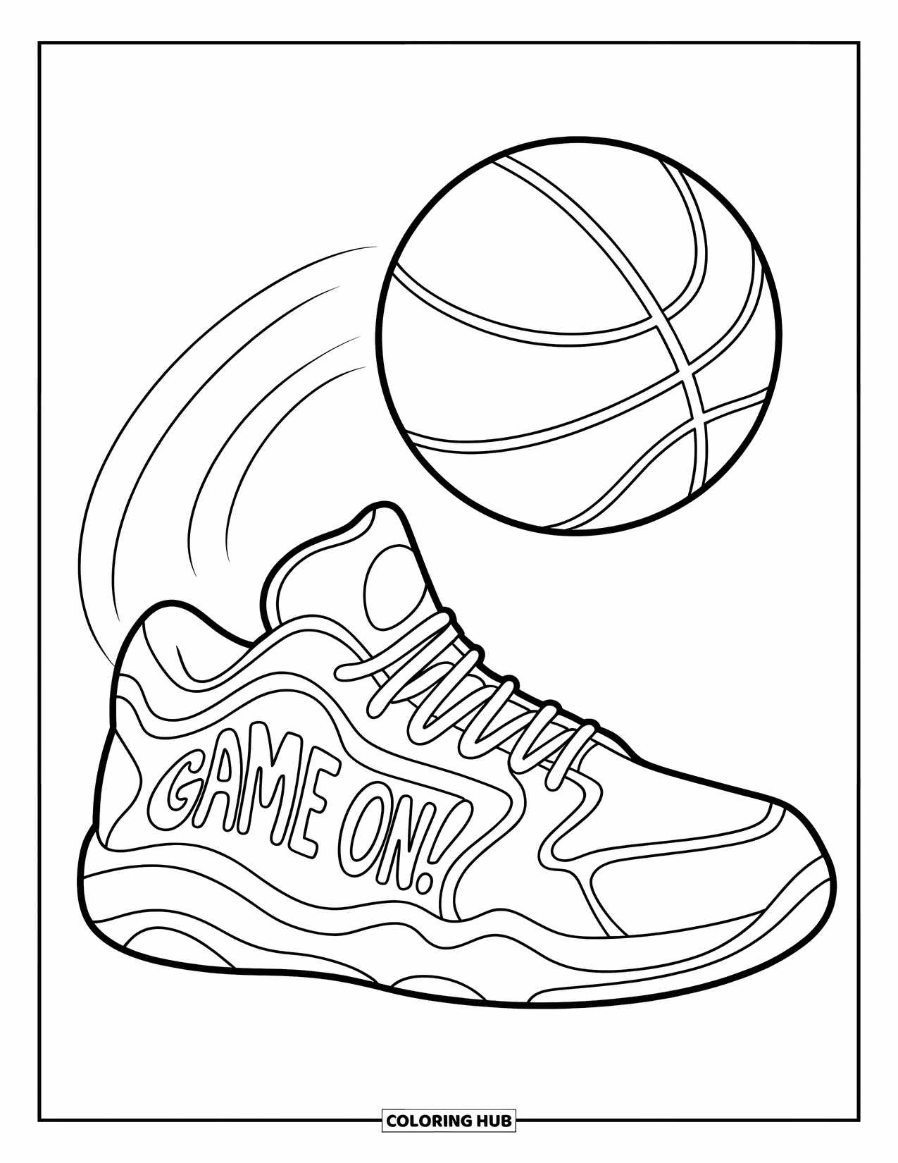 Sneaker Coloring Page for Kids: A sneaker and basketball team up with "Game On!" hidden in the design
