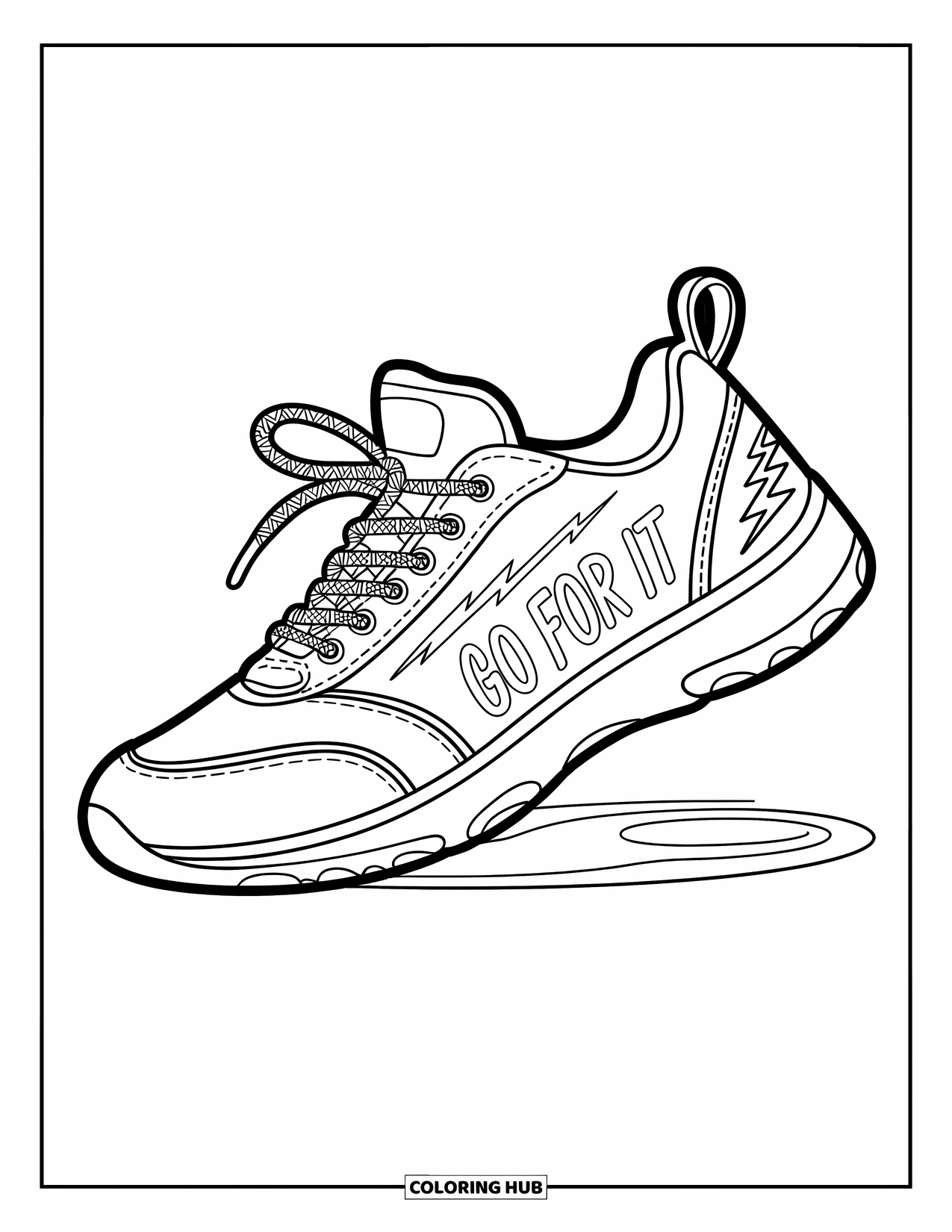 Sneaker Coloring Page for Kids: A sneaker glows underneath with bold laces, lightning bolts, and a fun design