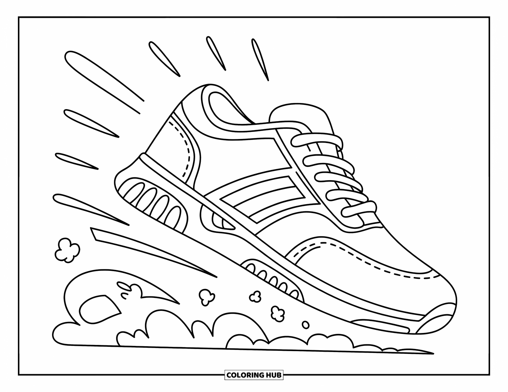 Sneaker Coloring Page for Kids: A sneaker tilts forward with big laces, dust clouds, and bold tread marks