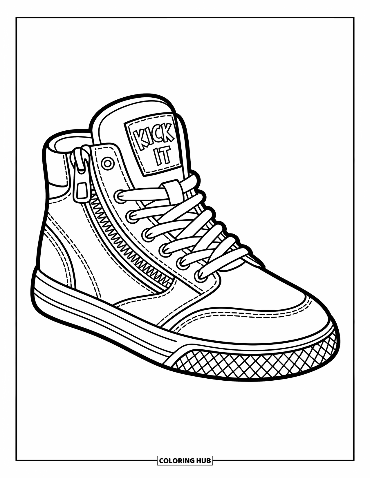 Sneaker Coloring Page for Kids: A sneaker with a zipper and "Kick It" patch shows off bold tread and stitching