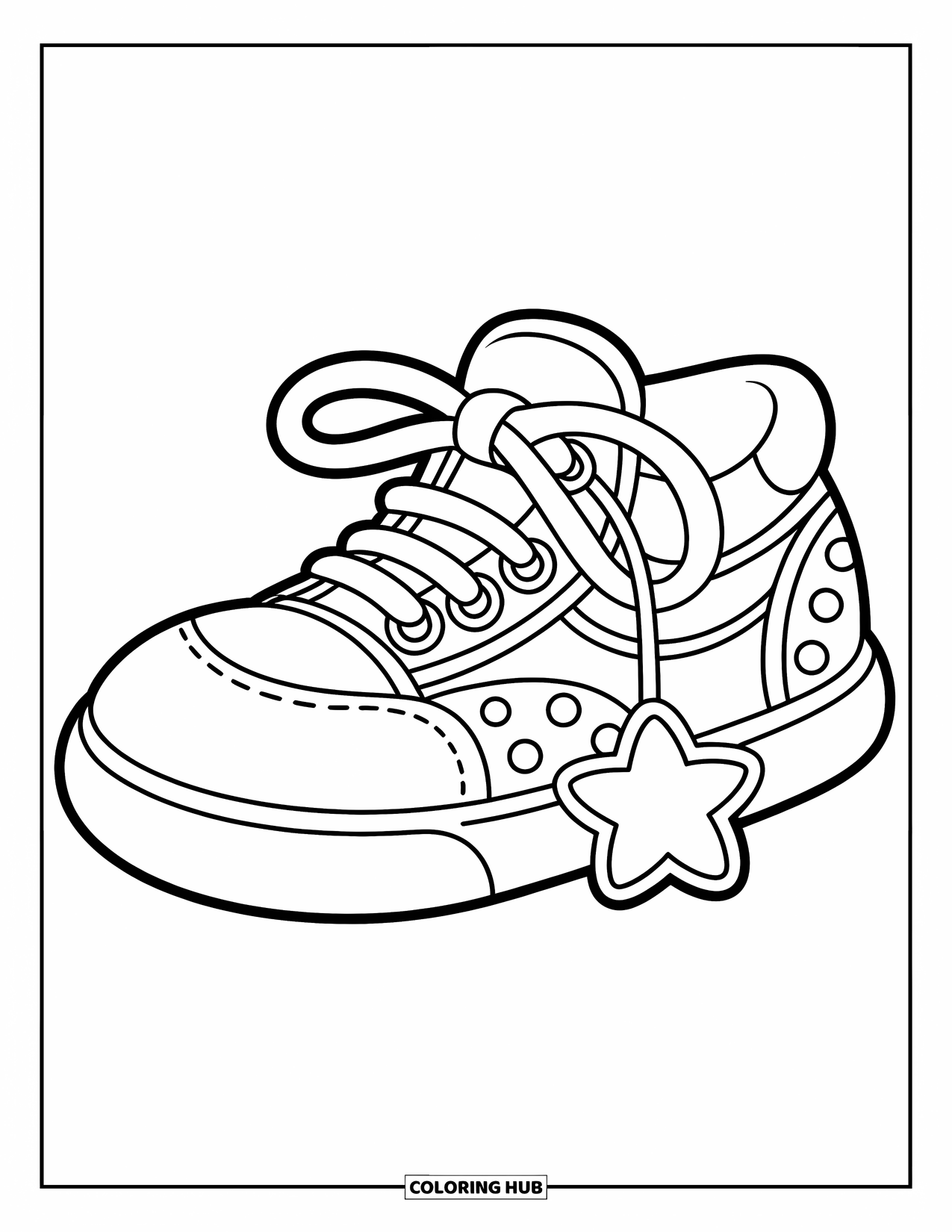 Sneaker Coloring Page for Kids: A sneaker with chubby laces and a dangling star charm
