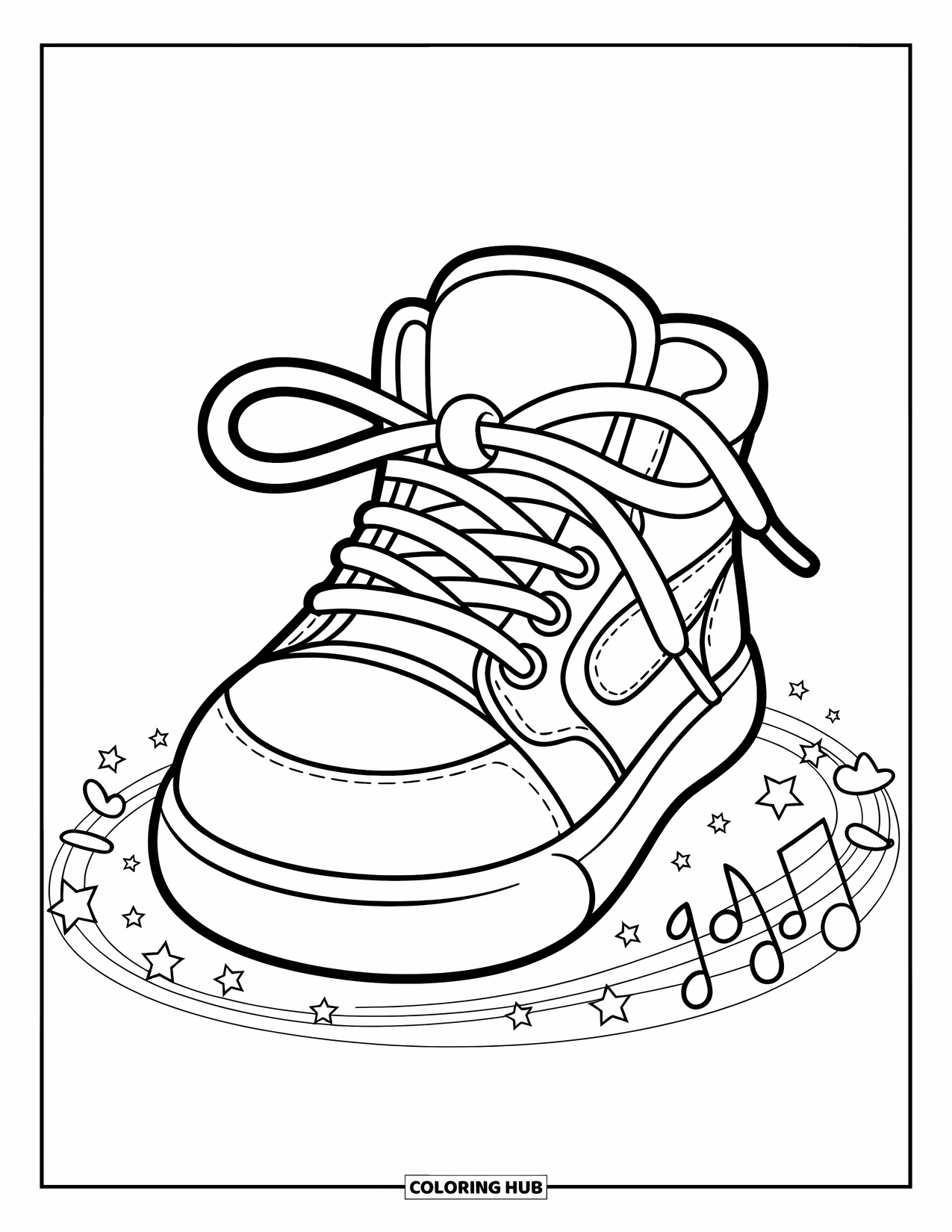Sneaker Coloring Page for Kids: A sneaker with curly laces rests on stars and music notes for a fun vibe