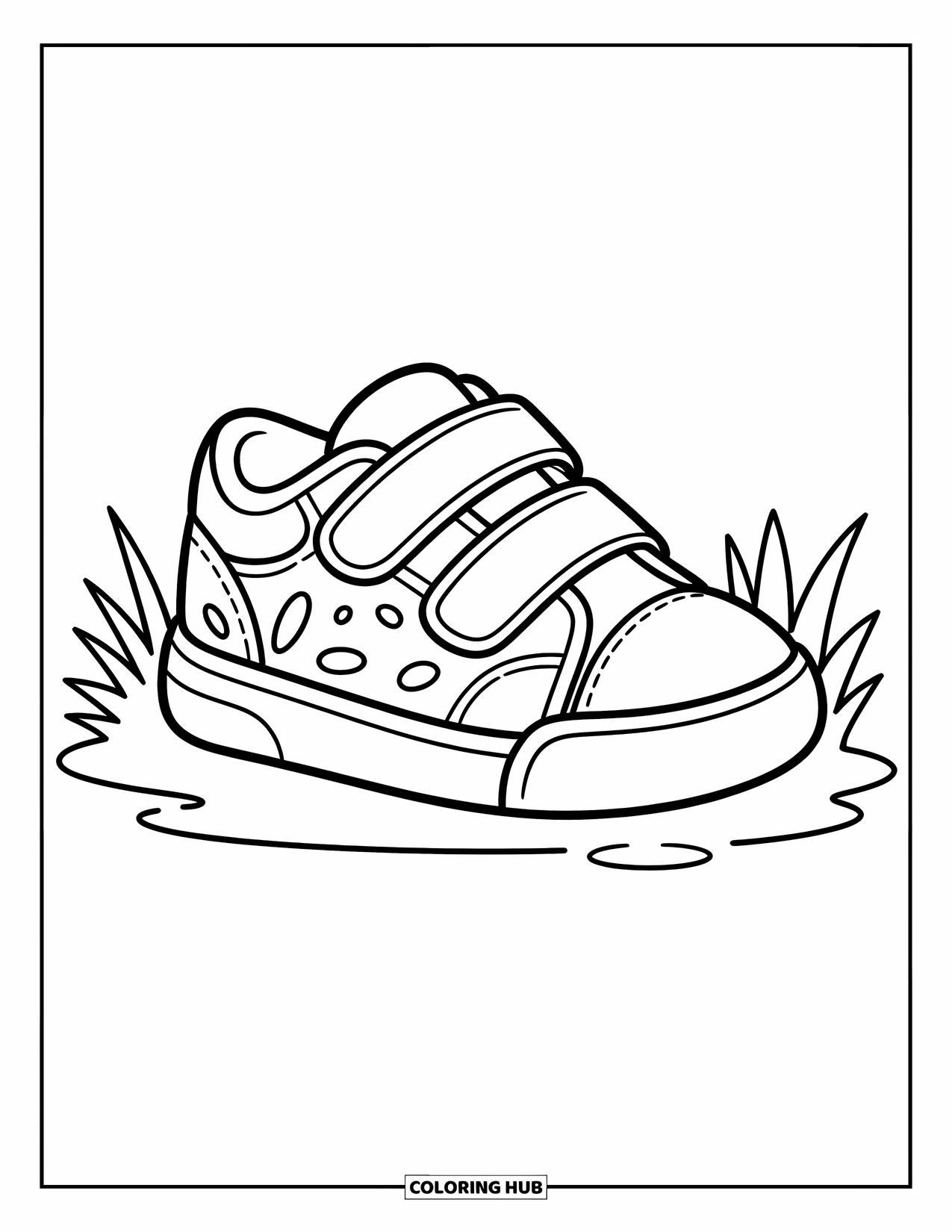 Sneaker Coloring Page for Kids: A sneaker with dotted straps sits on grass with happy little blades