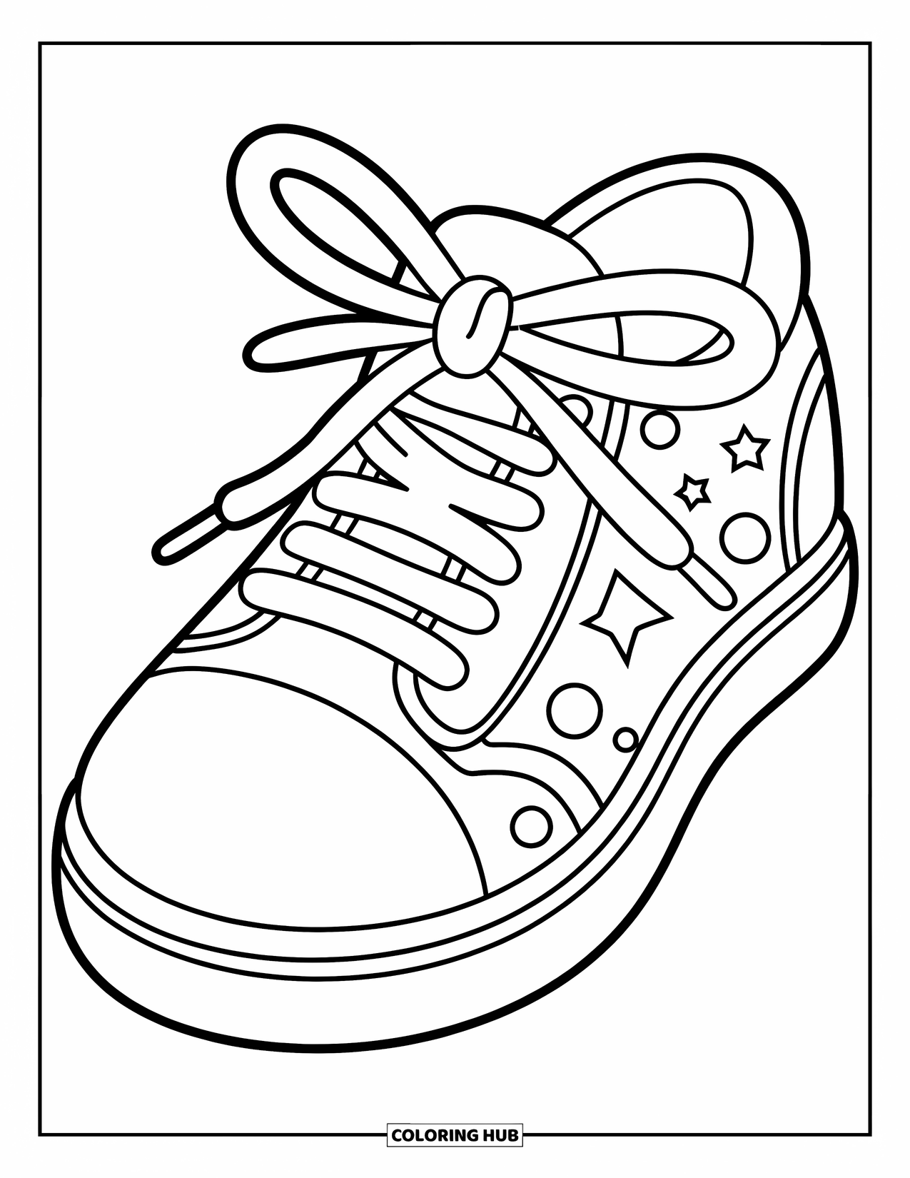 Sneaker Coloring Page for Kids: A sneaker with polka dots, stars, and a thick bow-tied lace