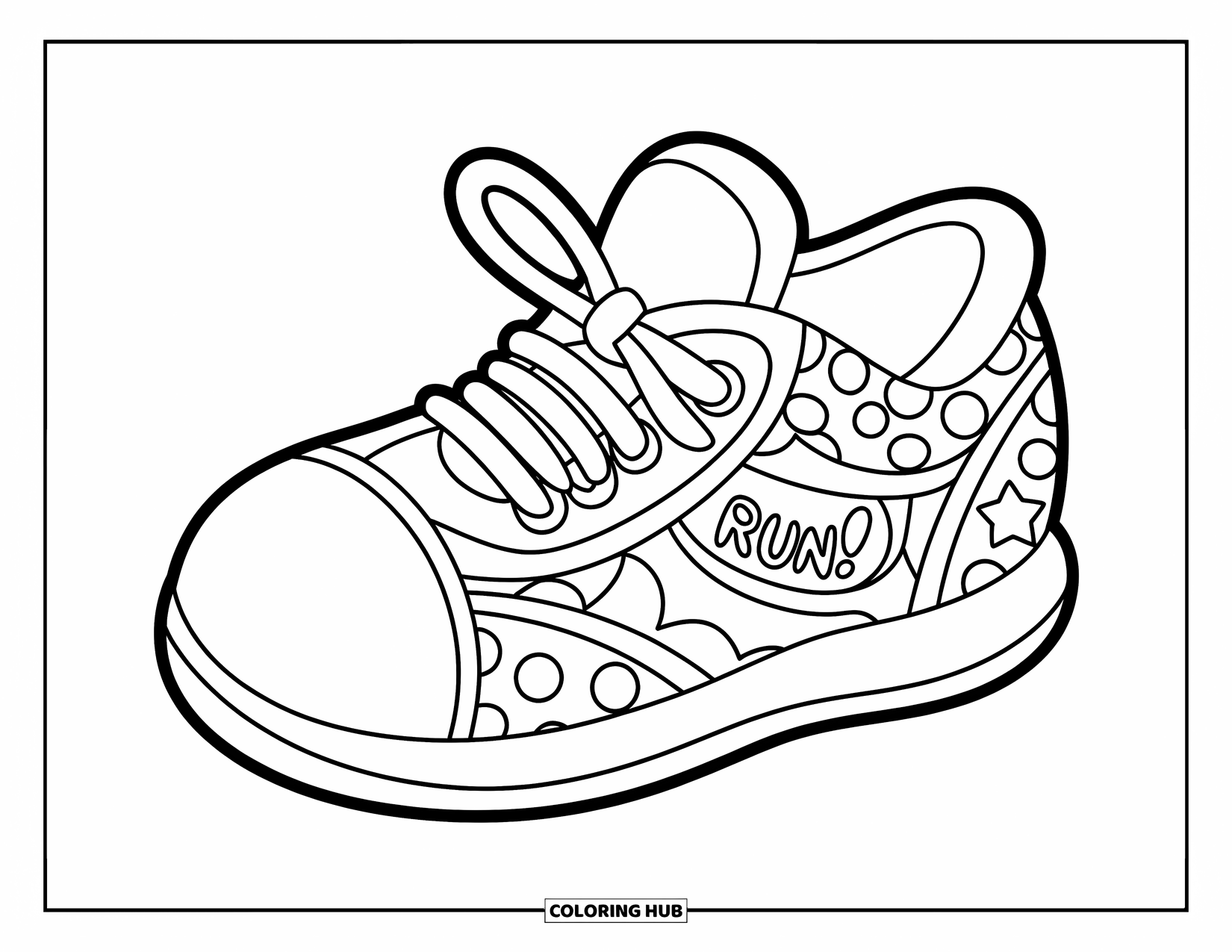 Sneaker Coloring Page for Kids: A sneaker with stars, dots, and a "RUN!" banner brings big energy