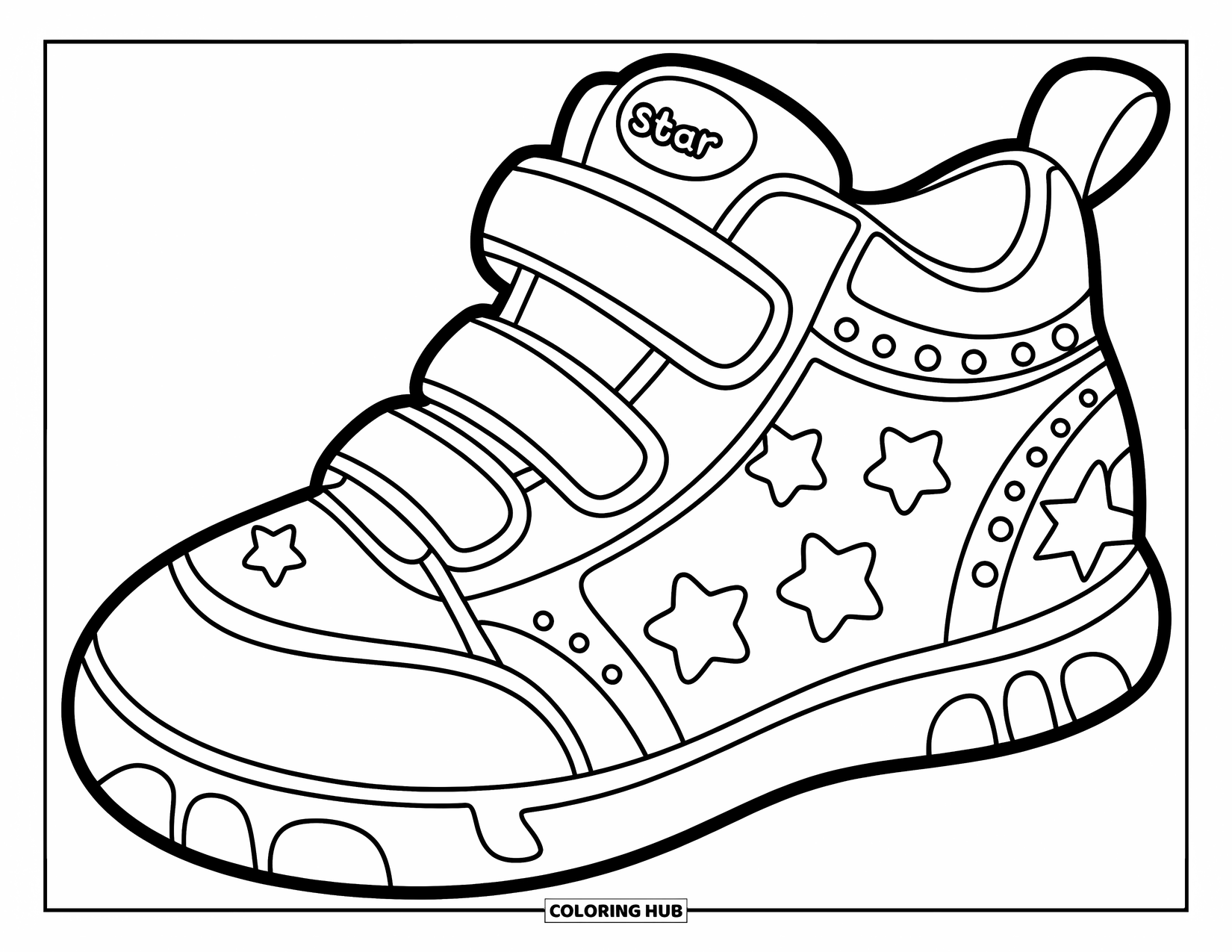Sneaker Coloring Page for Kids: A sneaker with straps and stars rests with a "STAR" label near the heel