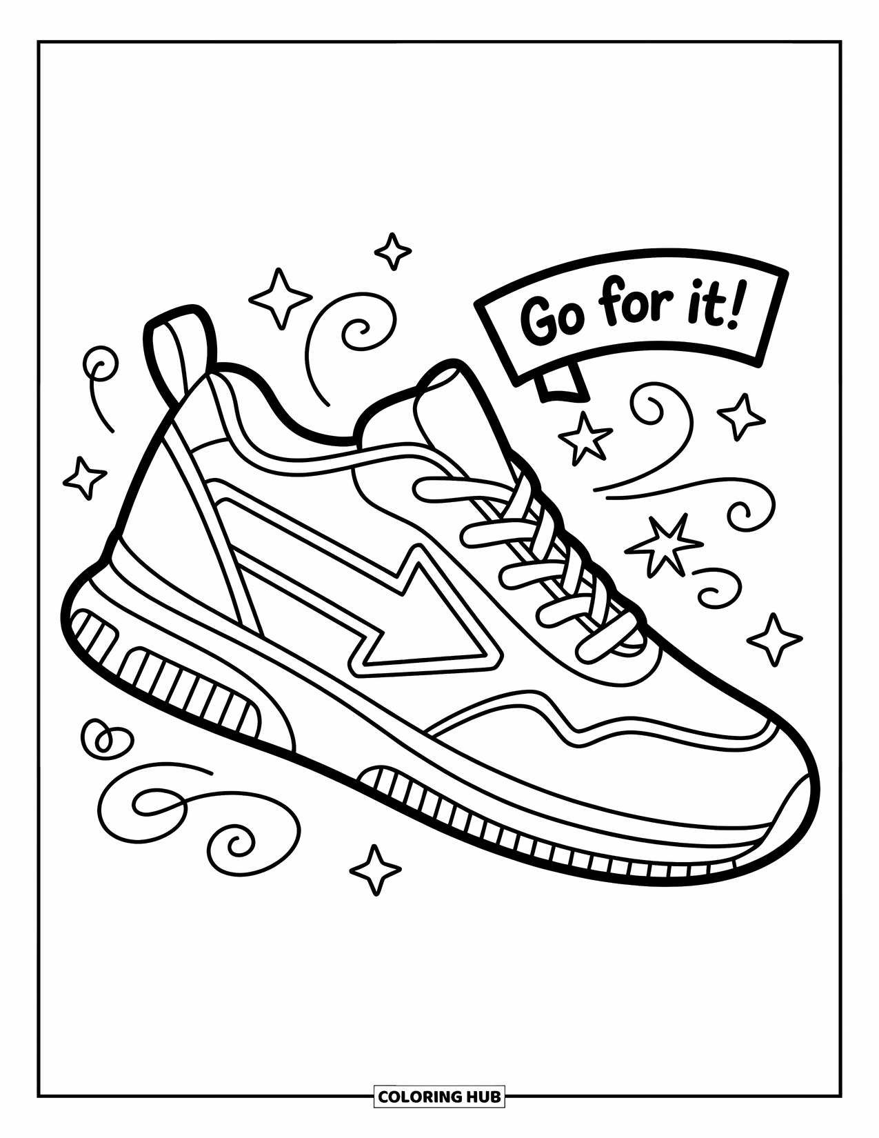 Sneaker Coloring Page for Kids: A sporty sneaker points upward with arrows and "GO FOR IT!" above the heel