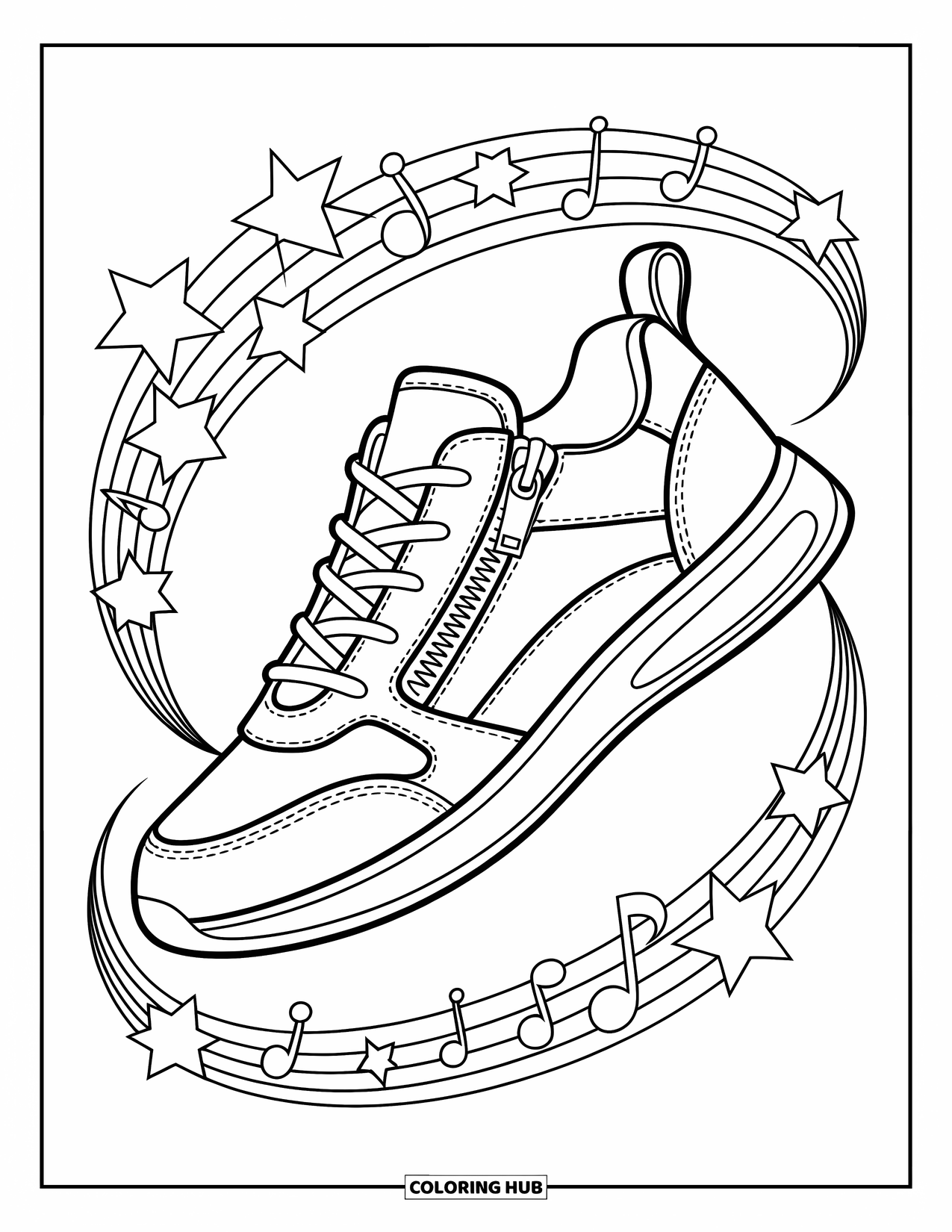 Sneaker Coloring Page for Kids: A stylish sneaker shines with stars and notes swirling around its dynamic frame
