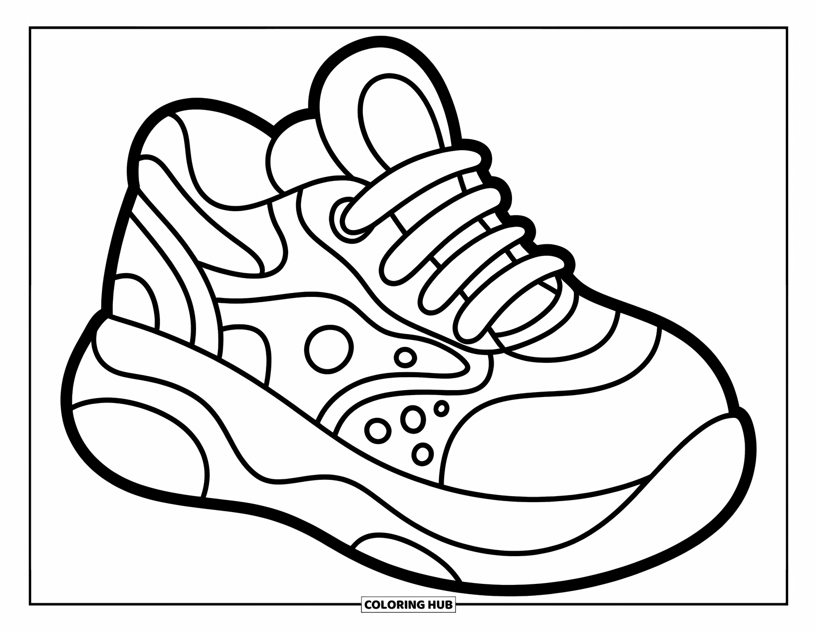 Sneaker Coloring Page for Kids: A swirly sneaker with dots and loops has a fun, curvy shape