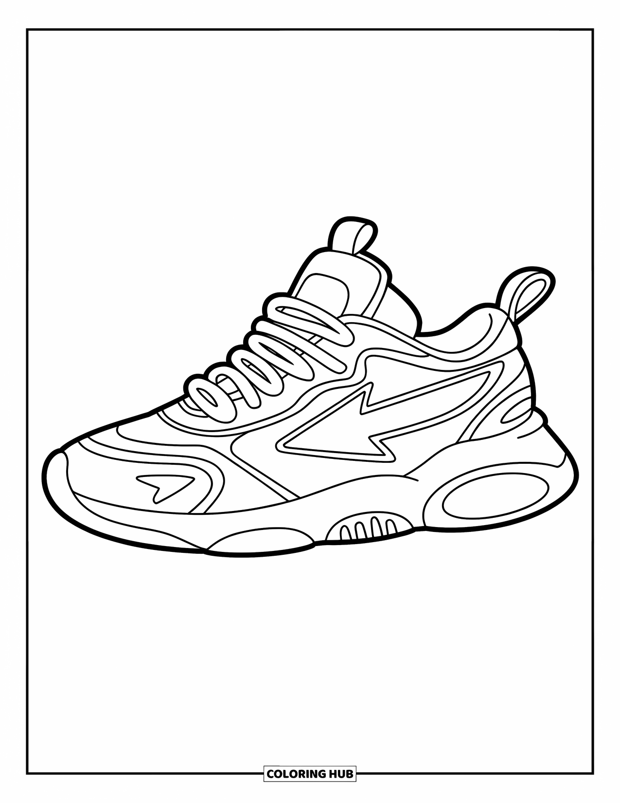 Sneaker Coloring Page for Kids: Arrow shapes and stacked soles give this sneaker a bold, fast look