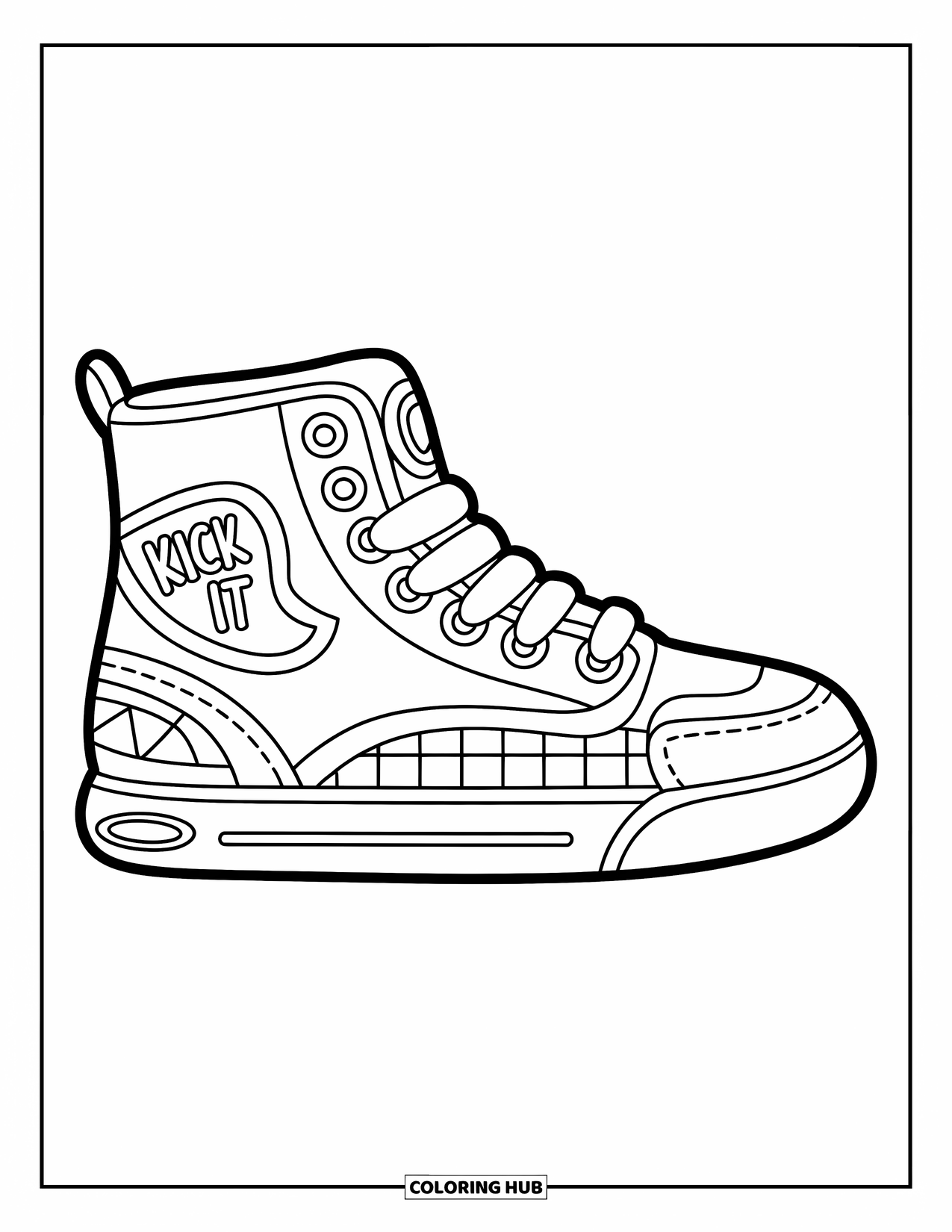 Sneaker Coloring Page for Kids: Checkerboard sneakers with bold laces and "Kick It" logo bring cool vibes