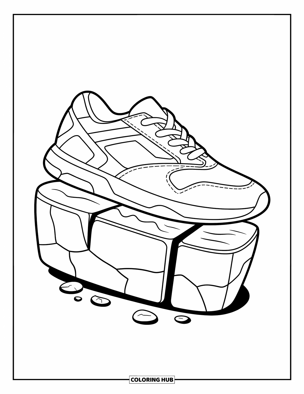 Sneaker Coloring Page for Kids: Cracks, pebbles, and a bold sole give this resting sneaker a stylish city vibe